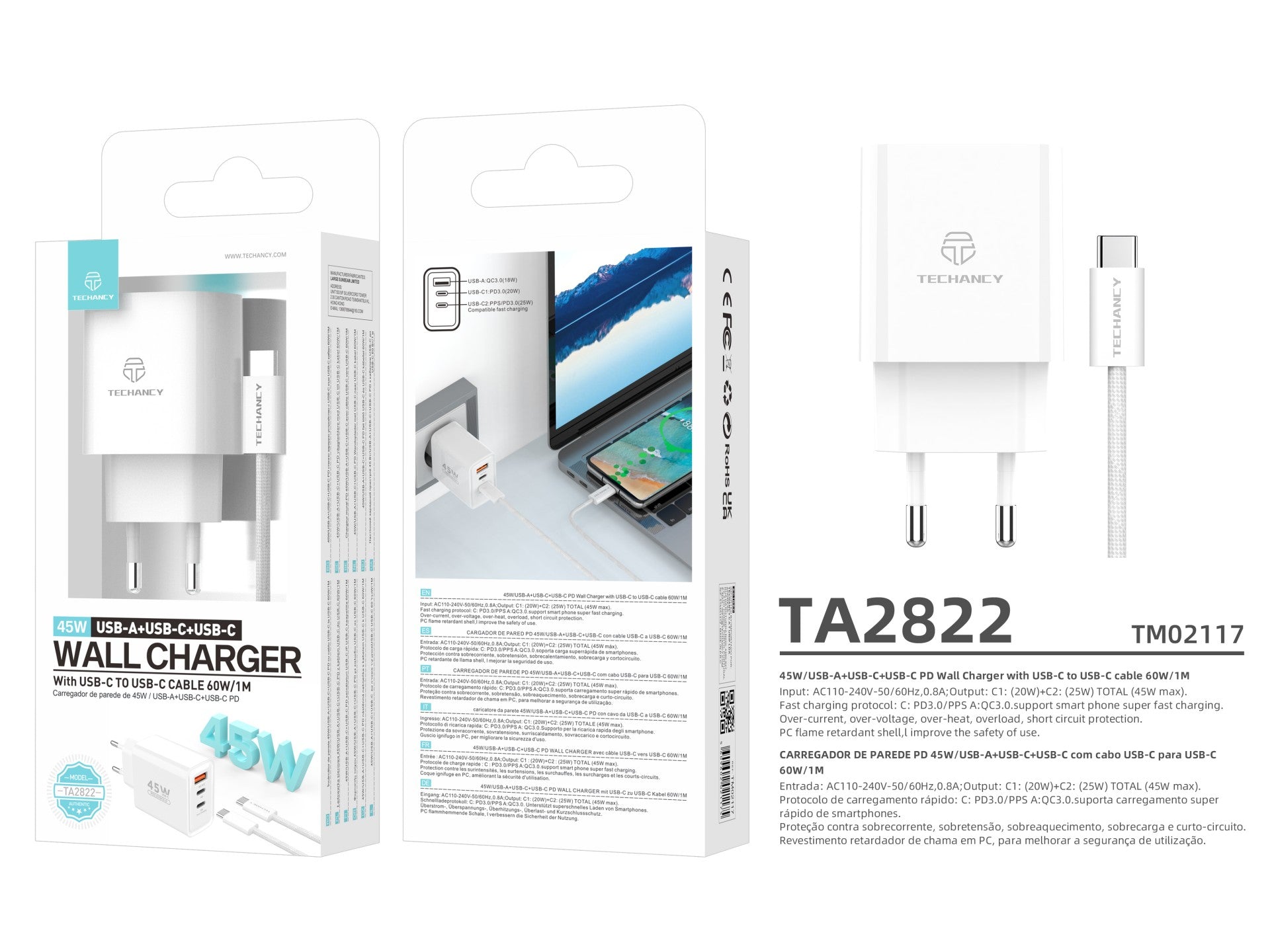 Techancy Carregador USB-A+USB-C+USB-C TA2822, 45W PD, com Cabo USB-C para USB-C de 1m, CompatIvel com Múltiplos Dispositivos