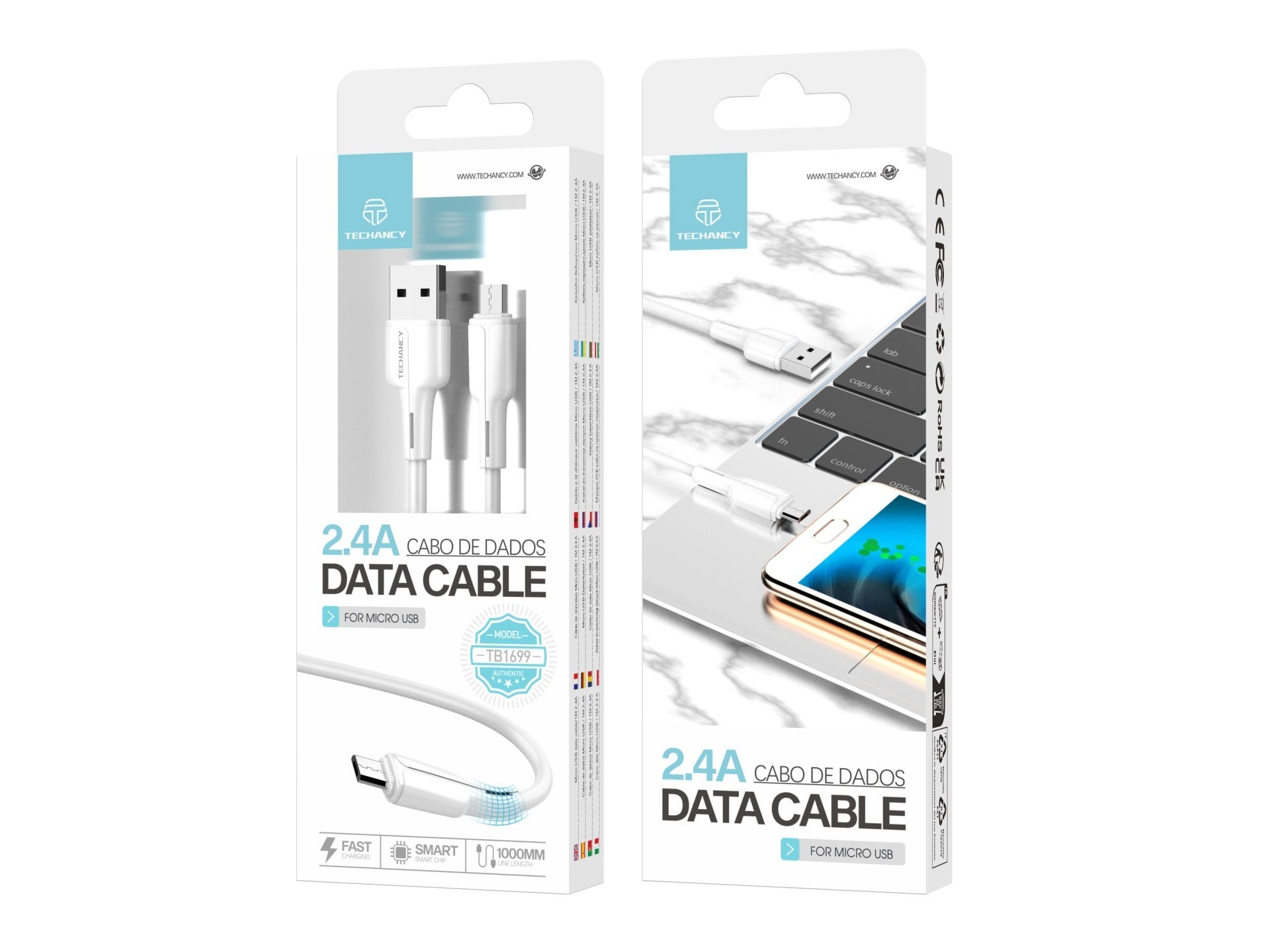 Techancy Cabo De Dados Usb-Micro Branco 1M TB1699,Carregamento Rápido De 2,4 A, Suporta Transmissão De Dados, Material Pvc