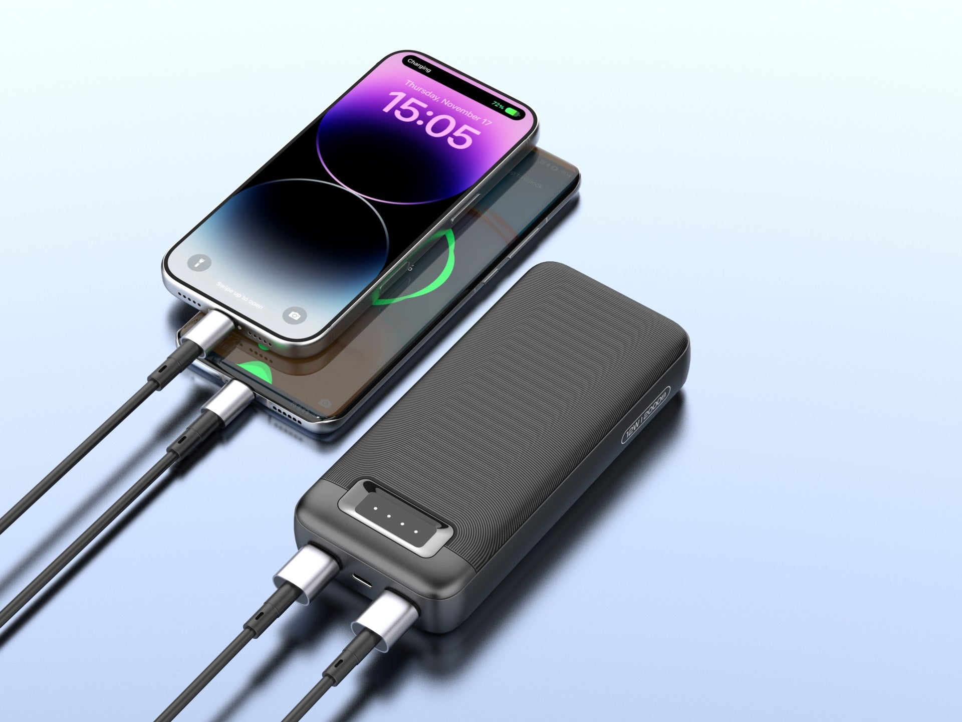 Techancy Power Bank 20000mAh TF2805 12W com USB-C e 2 USB, Indicador LED, Compativel com Telemoveis e Tablets, Preto