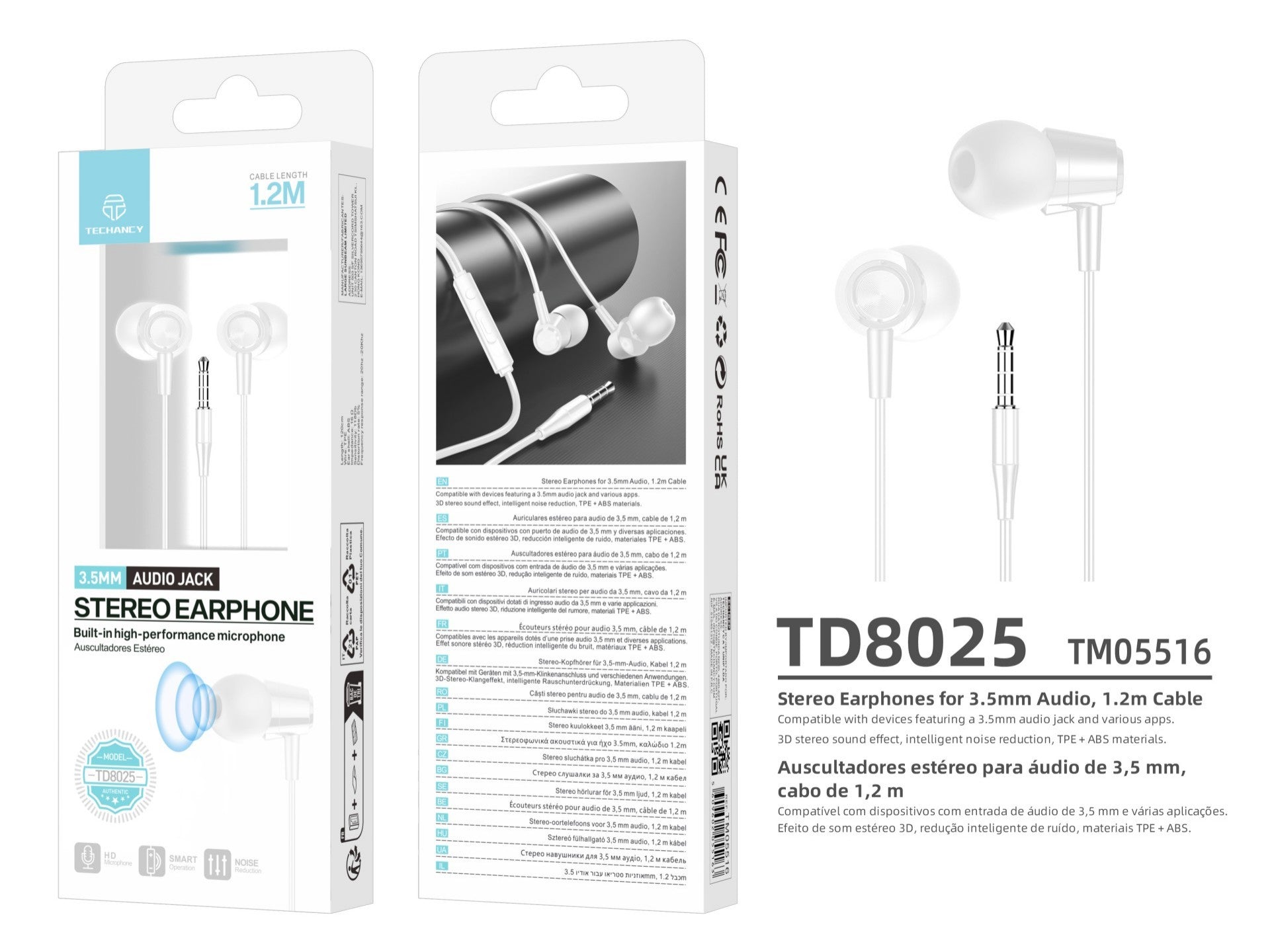 Techancy Auricular In Ear com Fio 3.5mm TD8025 Estereo Confortavel Som Claro com Controlo em Linha para Telemovel e Tablet