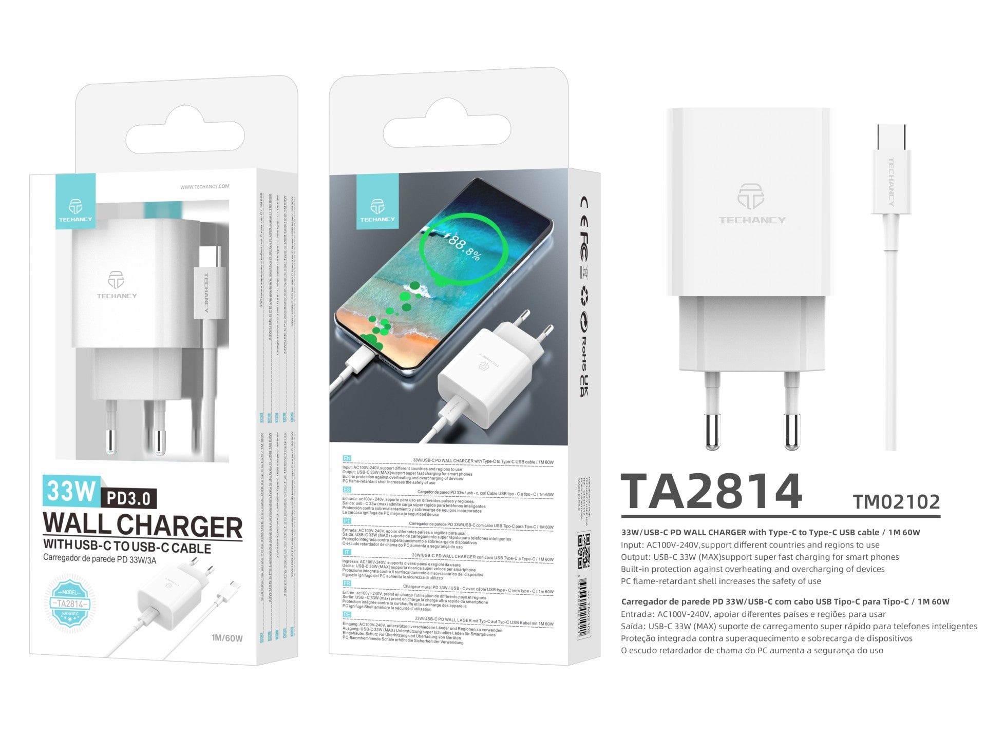 Techancy Carregador de 33 W, TA2814, com cabo USB-C para Type-C de 1 m/60 W PD de carregamento rápido Branco