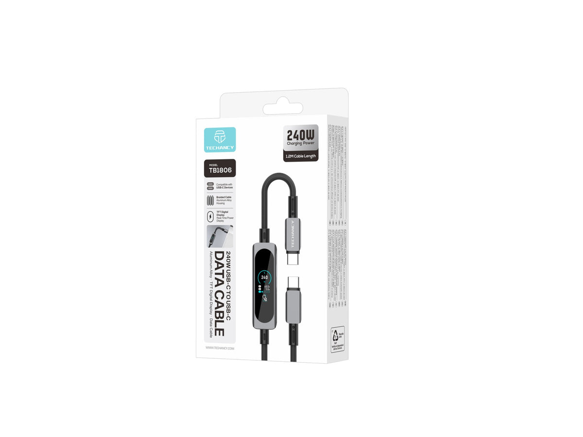 Cabo USB-C para USB-C 240W TECHANCY TB1806, PD 3.1, 1,2 m, Ecra Tatil TFT, Nylon Entrancado, Dados 480 Mbps