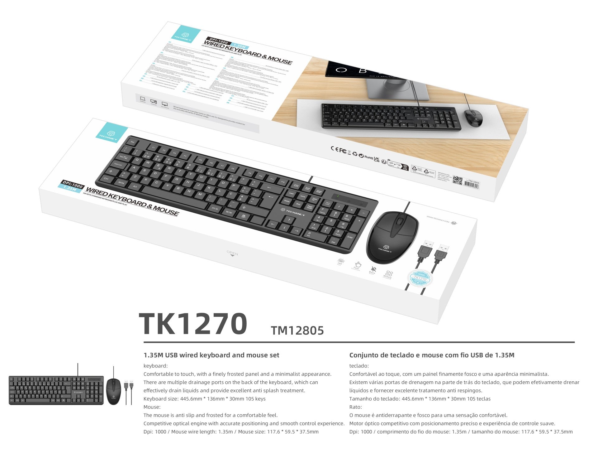 Juego de teclado y ratón con cable USB Techancy TK1270, teclas en portugués e inglés para uso de oficina.