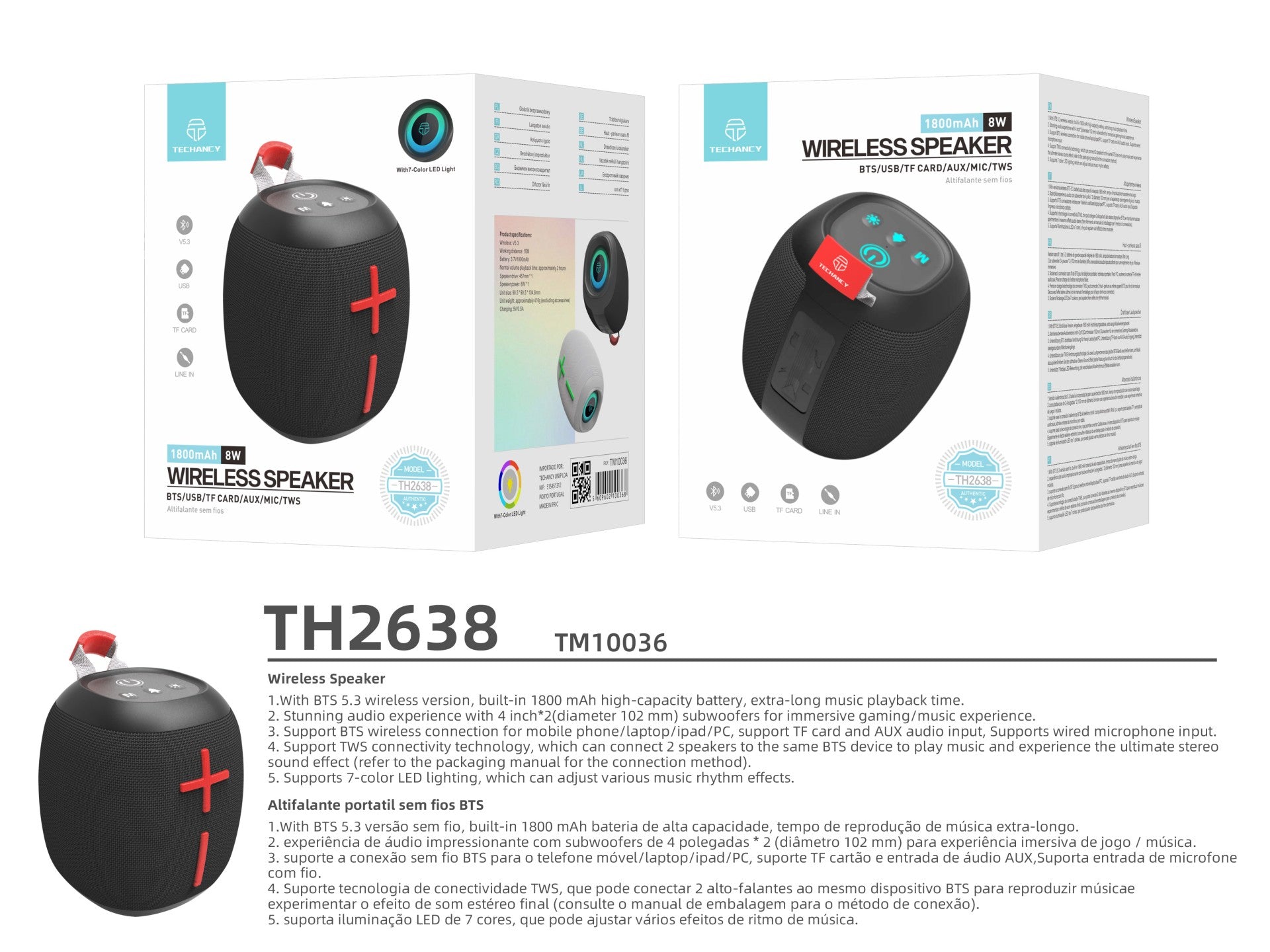 Altavoz Bluetooth inalámbrico Techancy TH2638 versión 5.3, compatible con TWS/TF/AUX, luz ambiental LED RGB de 7 colores