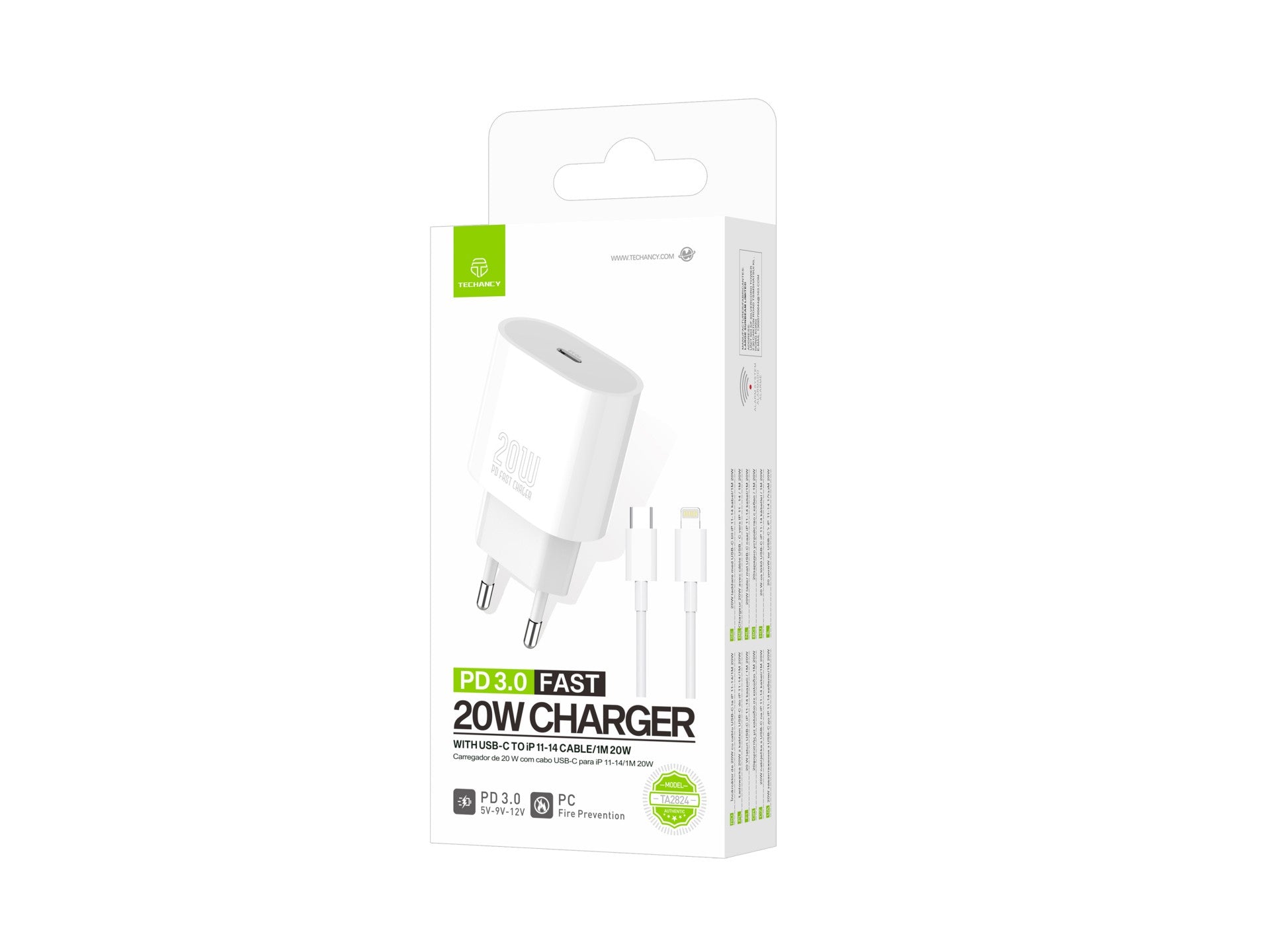 Techancy TA2824 PD3.0 20W Charger with USB-C to Lightning Cable Compatible with iPhone 8 to 14 Series