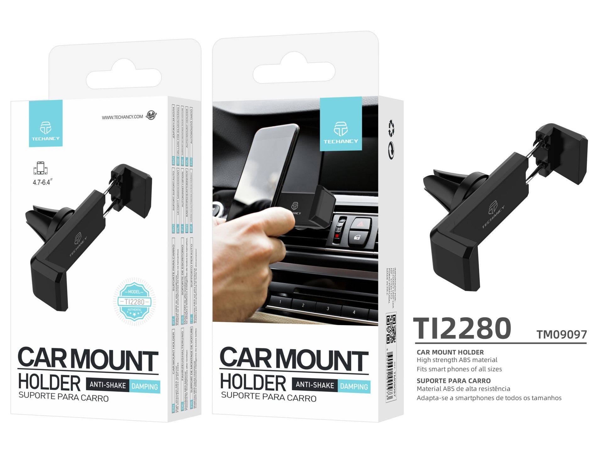 Techancy Ti2280 Car Phone Holder, Black, Anti-Vibration, For 4.7-6.4 Inch Devices, ABS Material