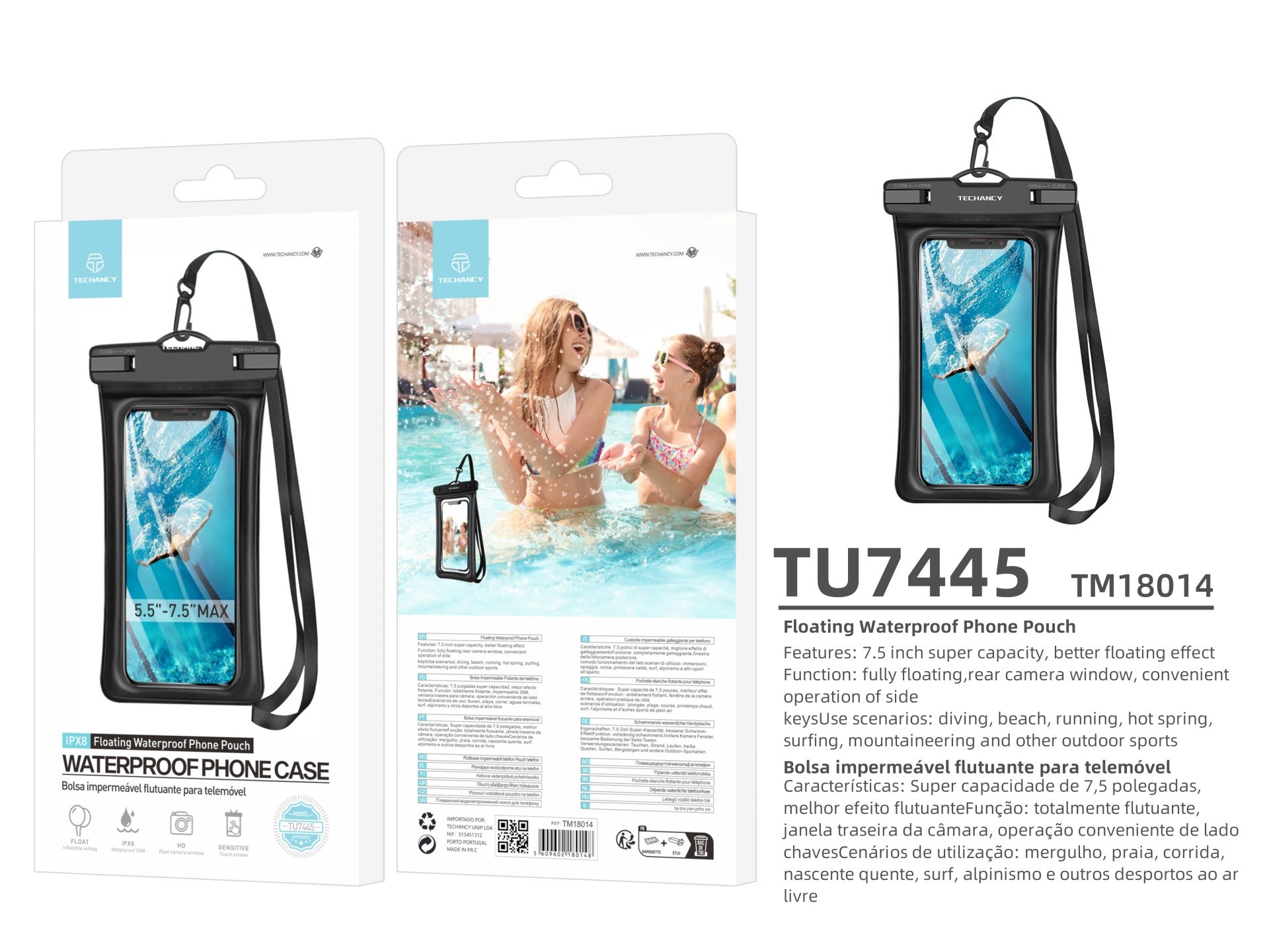Techancy Bolsa Para Telemóvel À Prova De Água TU7445, 5,5-7,5 Polegadas À Prova De Água, Bolsa De Ar Flutuante, Preto