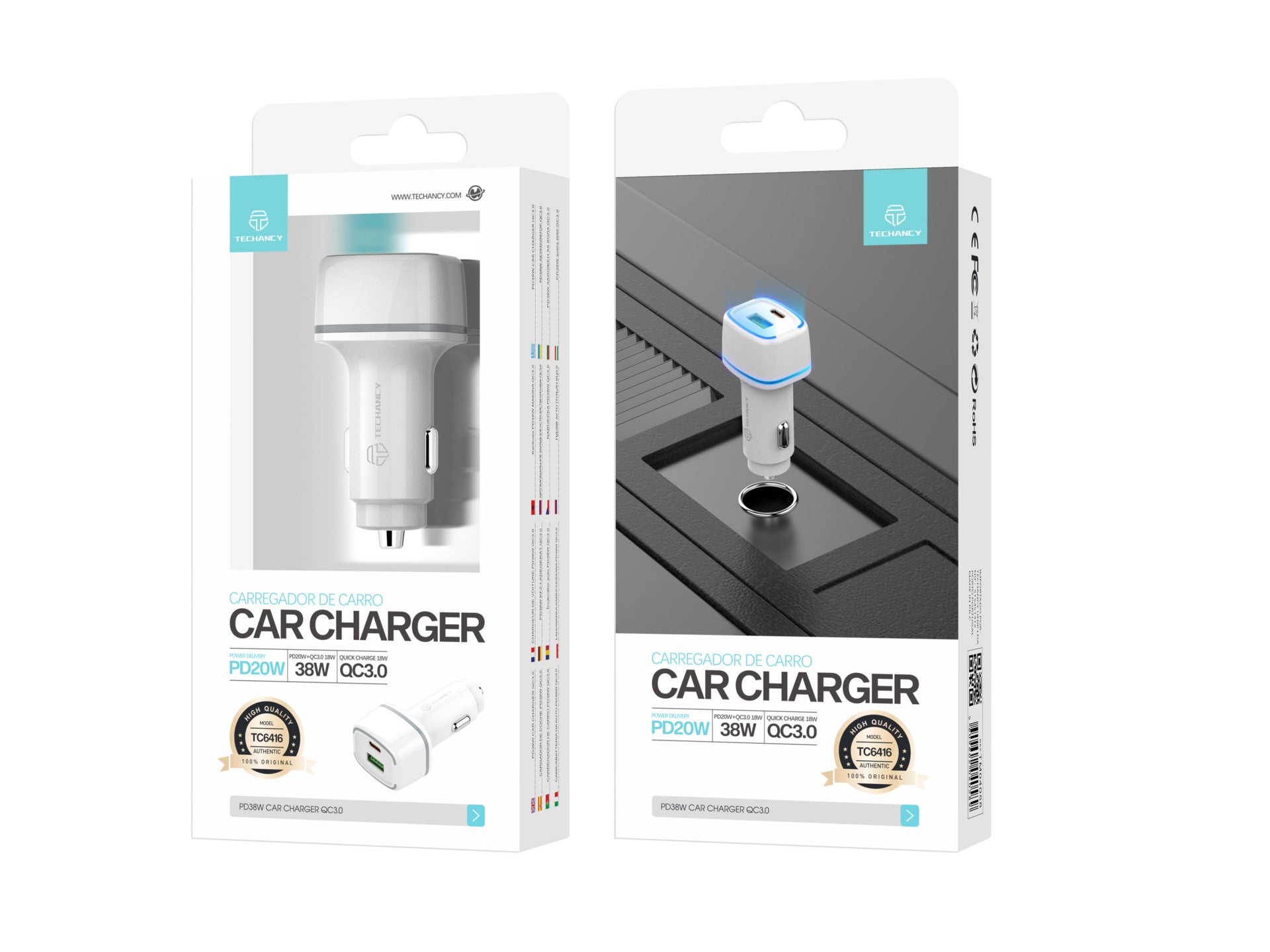 Techancy Carregador De Automóvel 38w  TC6416, Carregamento Rápido Pd3.0+Qc3.0, Compatível Com Camiões E Automóveis,