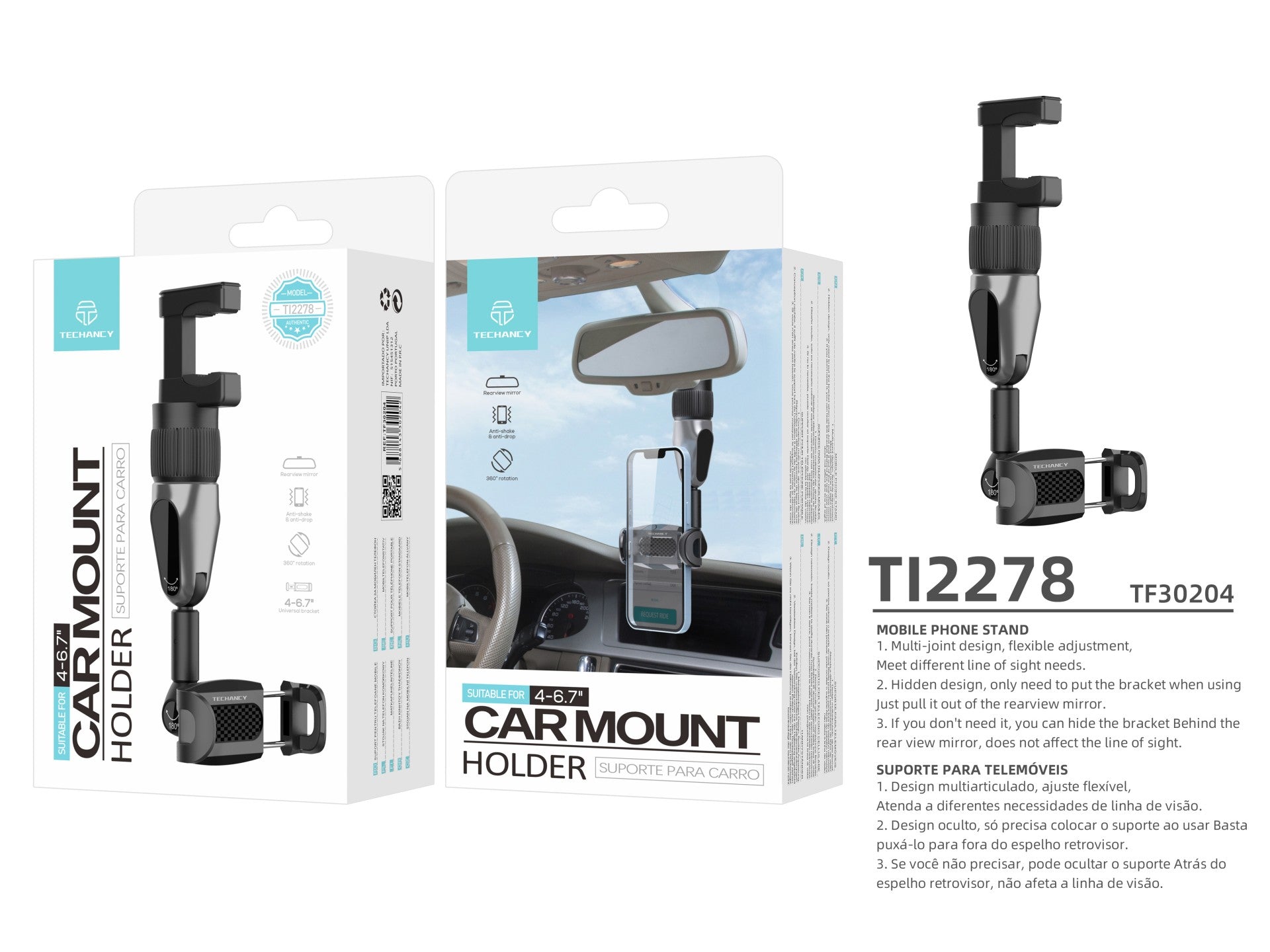 Techancy Mobile Phone Holder, TI2278, Supports 360° Angle Adjustment, Installs on Car Rearview Mirror, Black