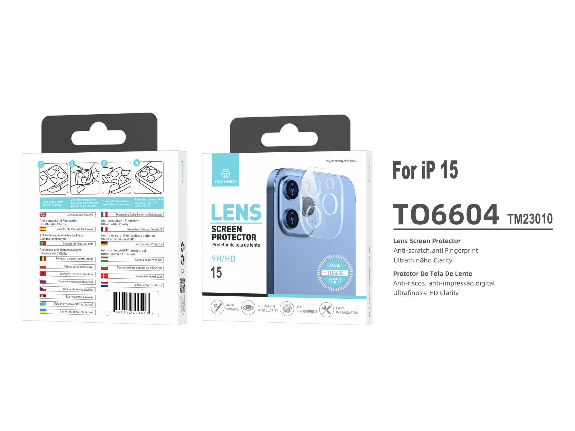 Techancy Protetor de Lente  para iPhone 15 TO6604, 9H Anti-riscos, Anti-digital, Ultrafino e HD, Fácil de Instalar