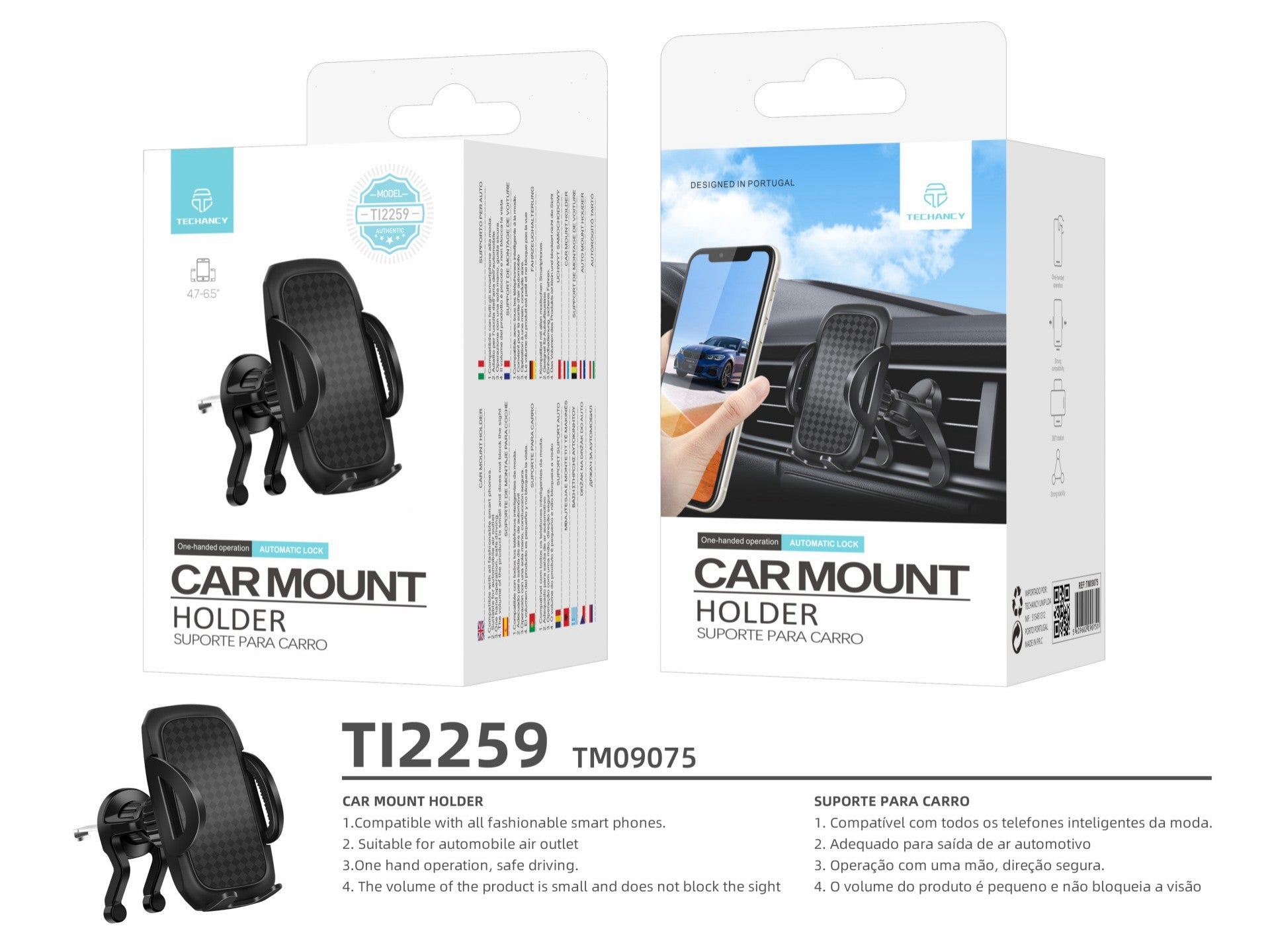 Techancy Suporte Para Telemóvel No Respiradouro Do Automóvel Ti2259, 4,7-7,2', Funcionamento Com Uma Mão, Preto