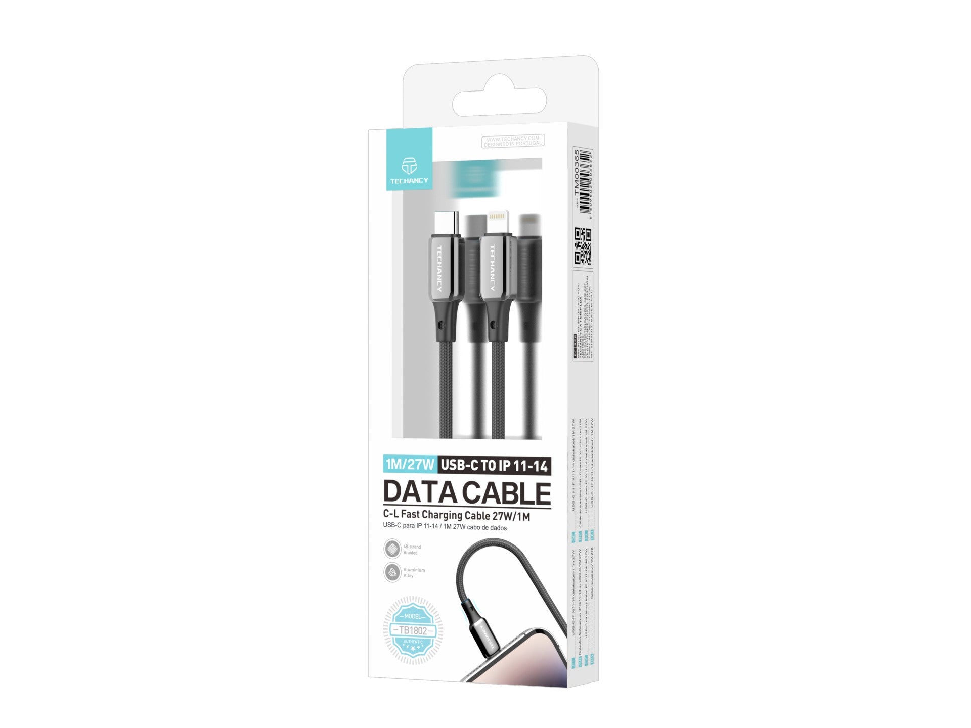 Cable USB-C a Lightning Techancy TB1802, 27 W, 1 m, negro, conector de aluminio, diseño antideslizante, compatible con iPhone 11-14