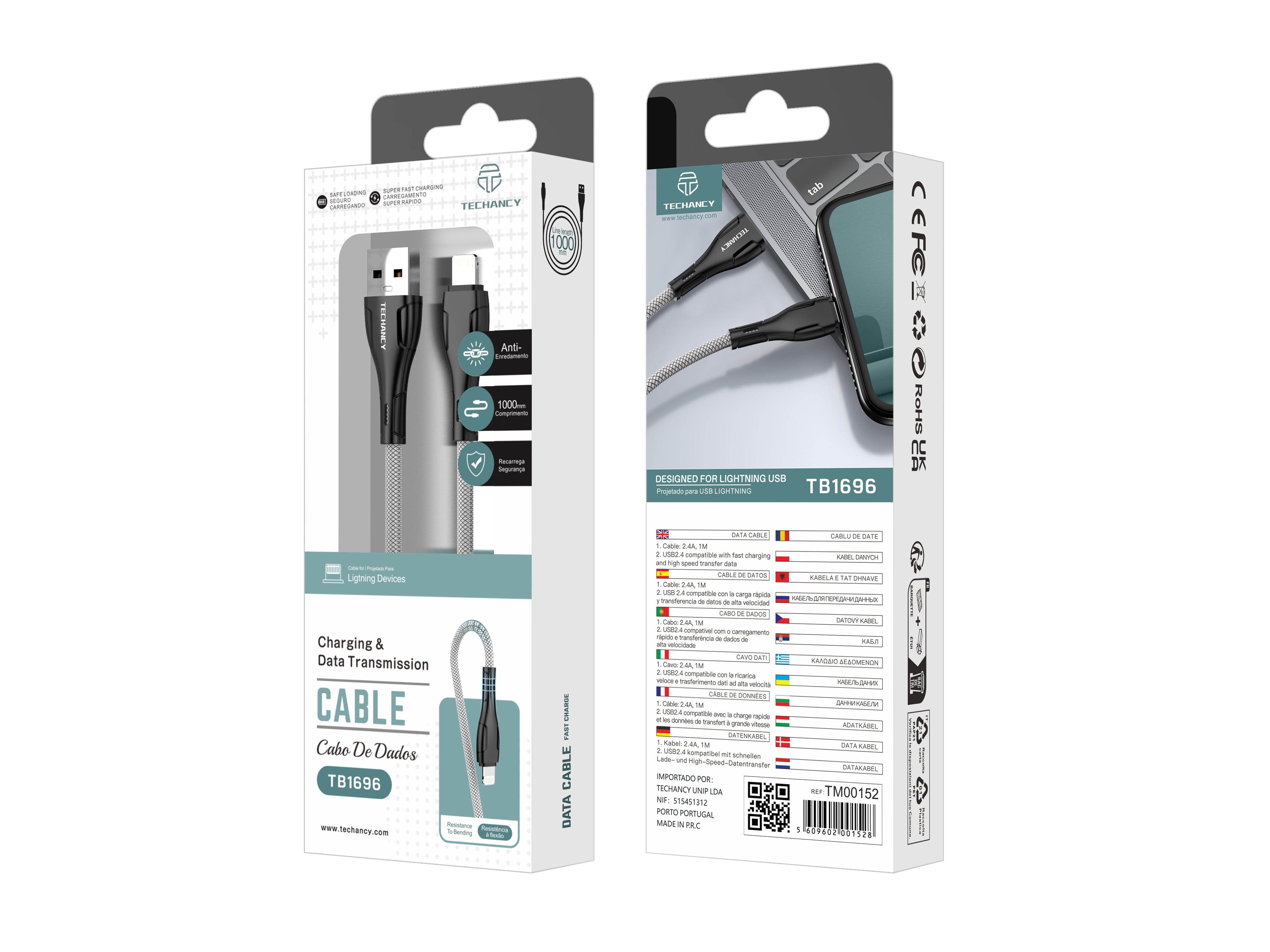 Techancy Cabo De Dados Usb-Ip8/X/11-14 Preto TB1696, Carregamento De 2,4 A, Transferência De Dados Compatível