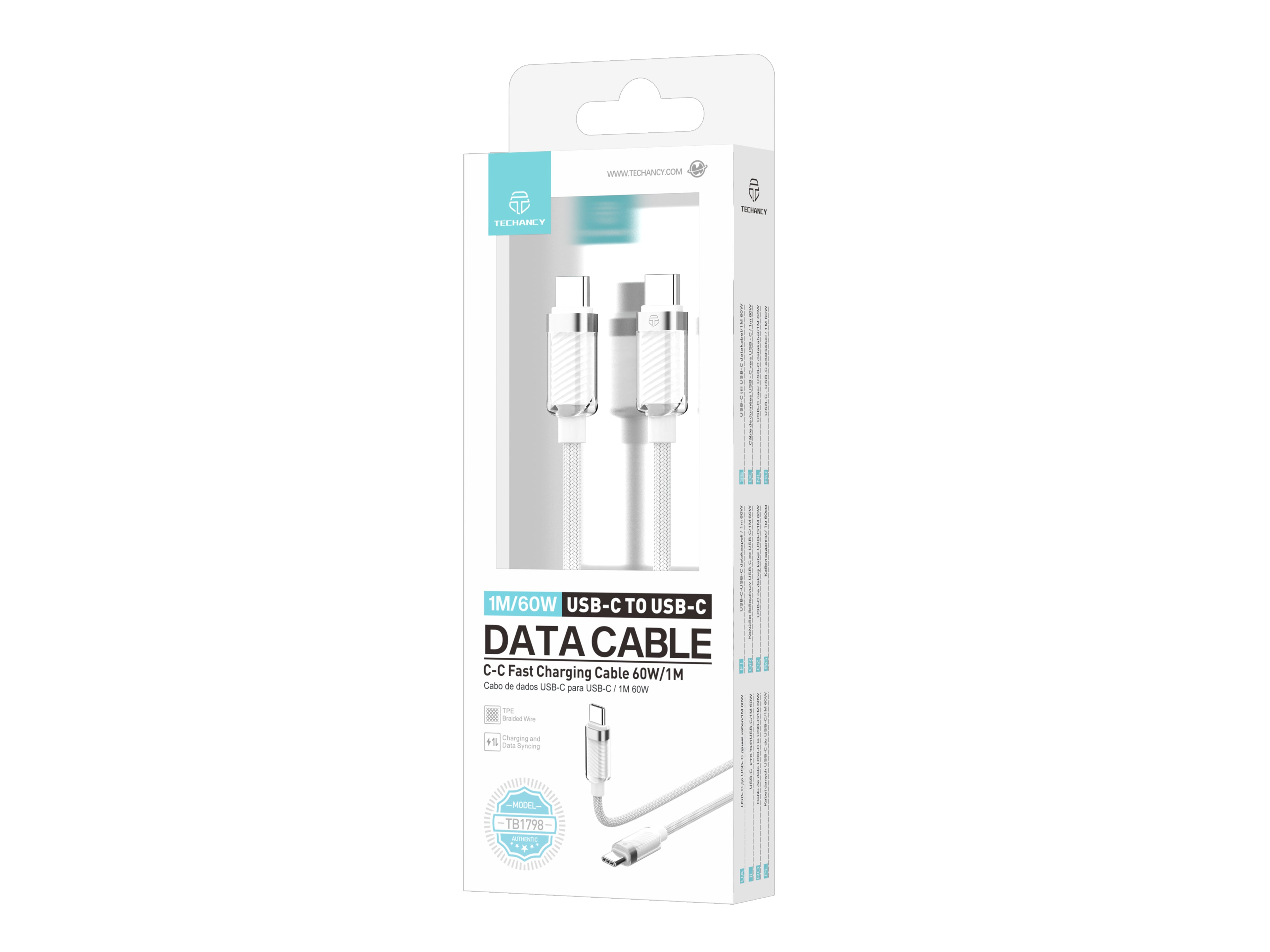 Techancy Cabo De Dados Usb-C Para Usb-C 1m/60w Branco TB1798 Para Carregamento De Smartphones, Tablets E Computadores Portáteis