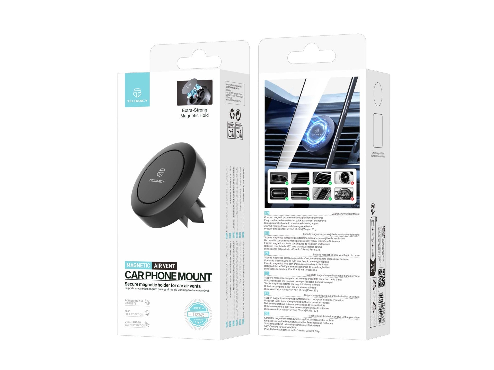 Techancy Suporte Magnetico para Telemovel TI2345 Suporte de Ventilacao para Carro Rotacao 360 Graus Compativel com iPhone e Android Preto