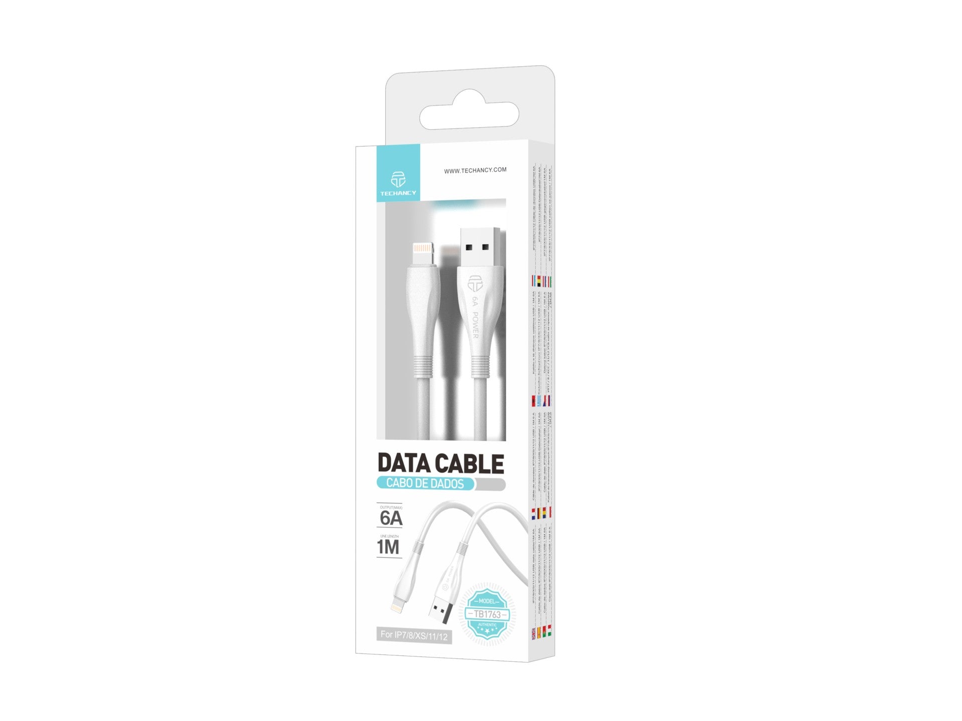 Techancy Cabo De Dados De Carregamento Super-Rápido 6A Branco TB1763, Porta Usb-Ip8/X/11-14, 1 M De Comprimento, Carregamento Rápido