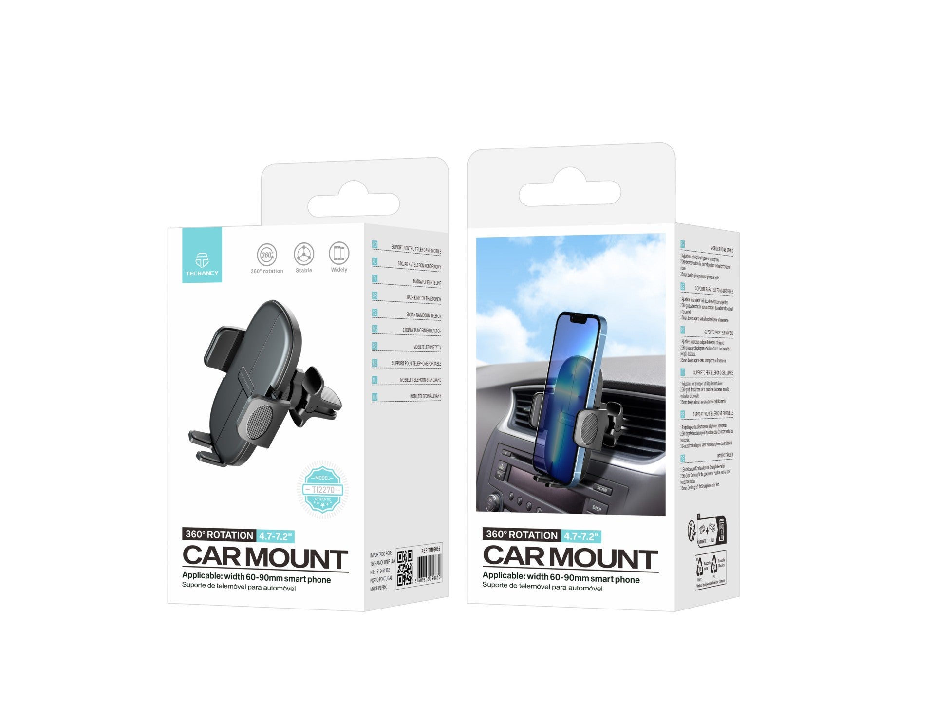 Techancy Suporte Para Telemóvel Para Automóvel Ti2270, Ajustável A Diferentes Telemóveis, Abertura E Fecho Com Um Toque.