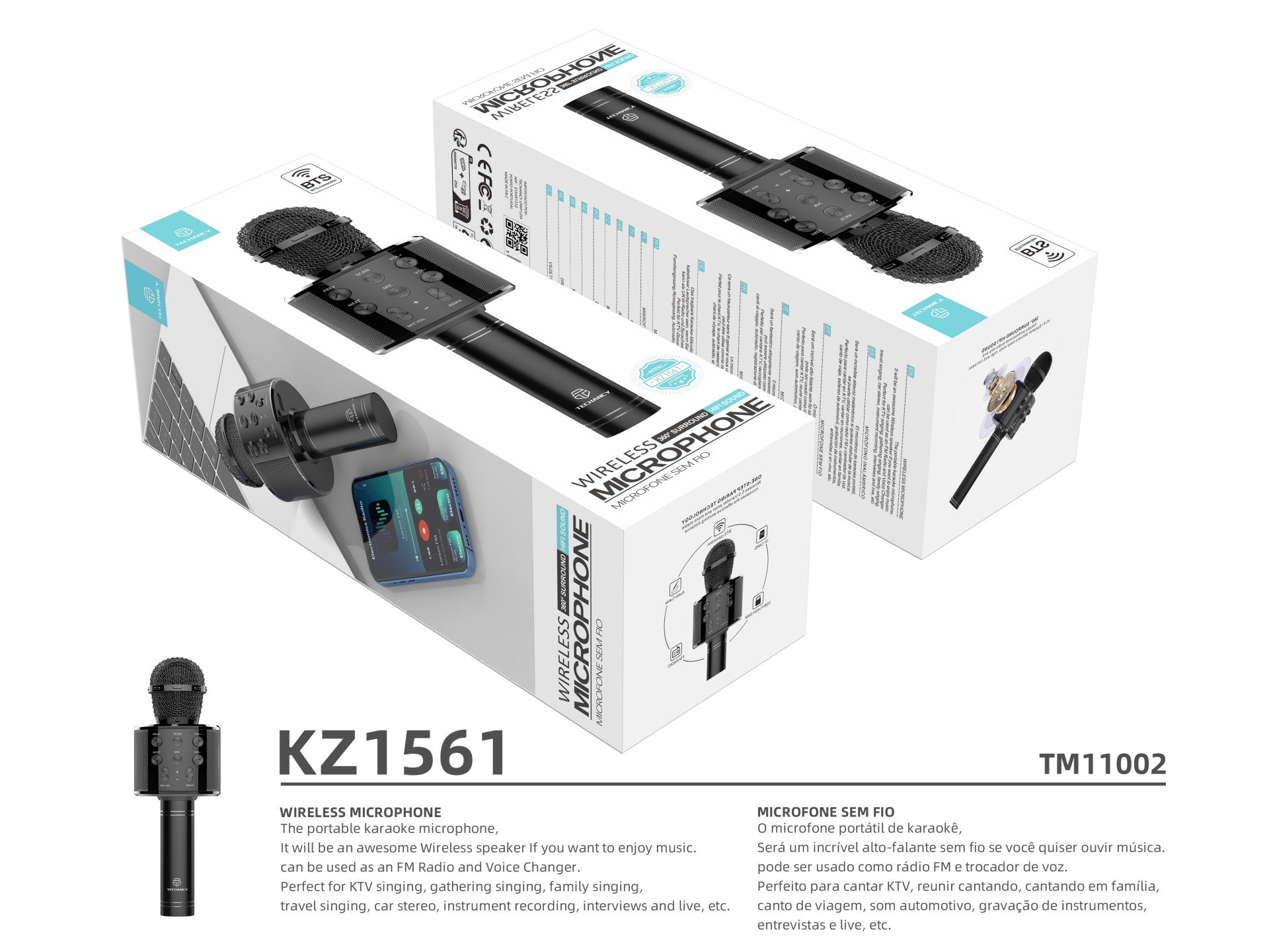 Micrófono inalámbrico Techancy KZ1561, karaoke portátil, altavoz Bluetooth, radio FM y cambiador de voz para divertirse