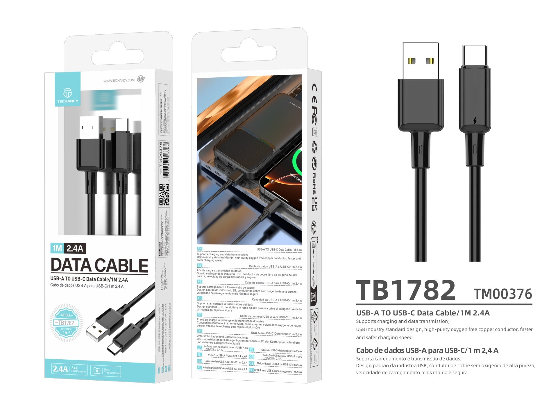 Techancy Cabo USB A para USB C TB1782 1m 2.4A Carregamento rapido e dados para Android Telemovel Tablet Preto