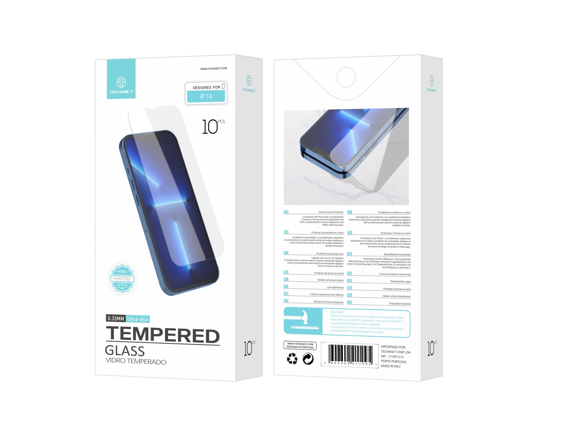 Techancy Película de Vidro Temperado  para iPhone 14 KW1700 , 0.33MM, Anti-riscos, Alta Transparência, Fácil Aplicação