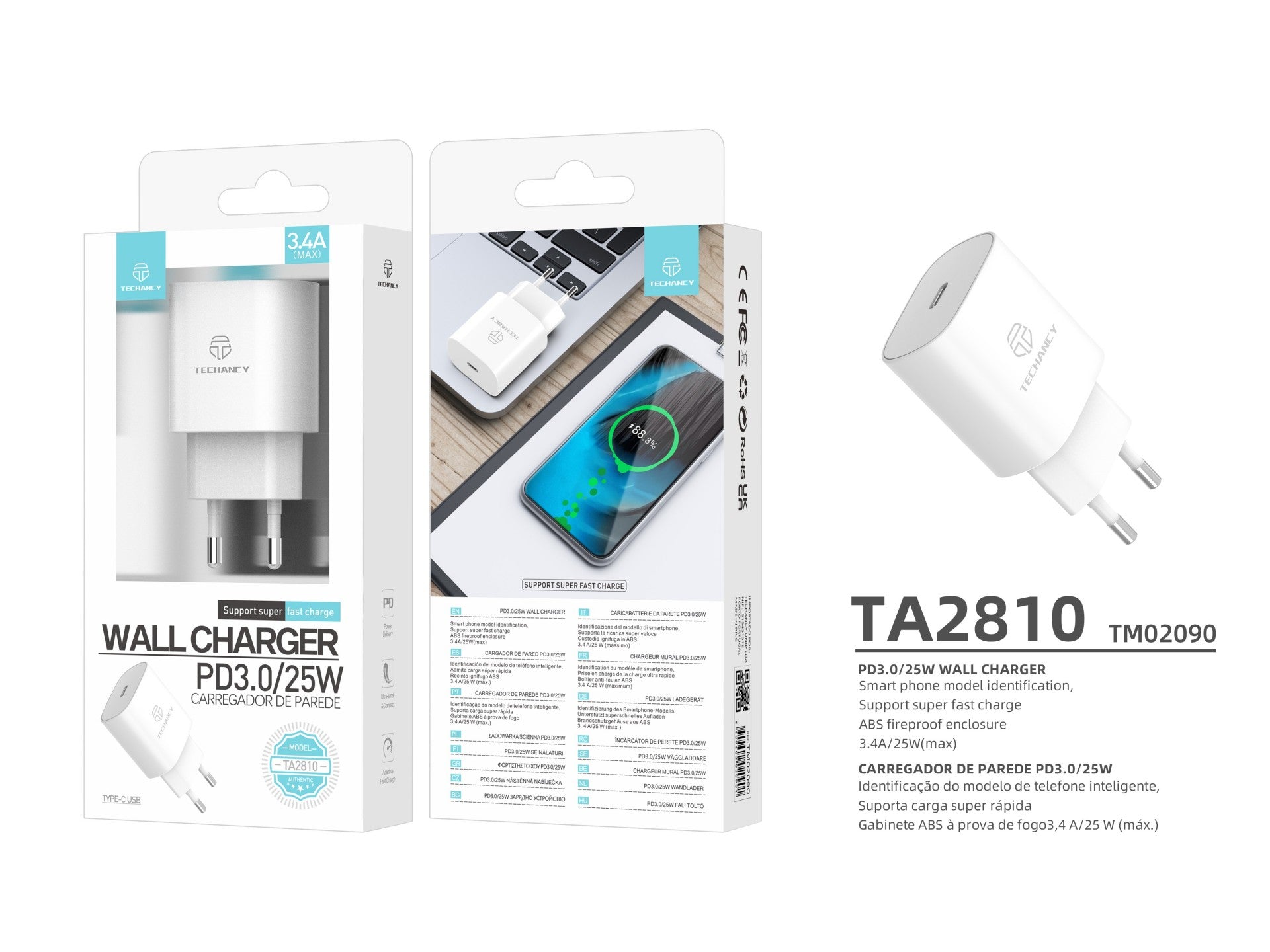 Techancy Carregador Pd3.0 De 25 W  TA2810, Carregamento Rápido De 3,4 A, Chip Inteligente Incorporado, branco