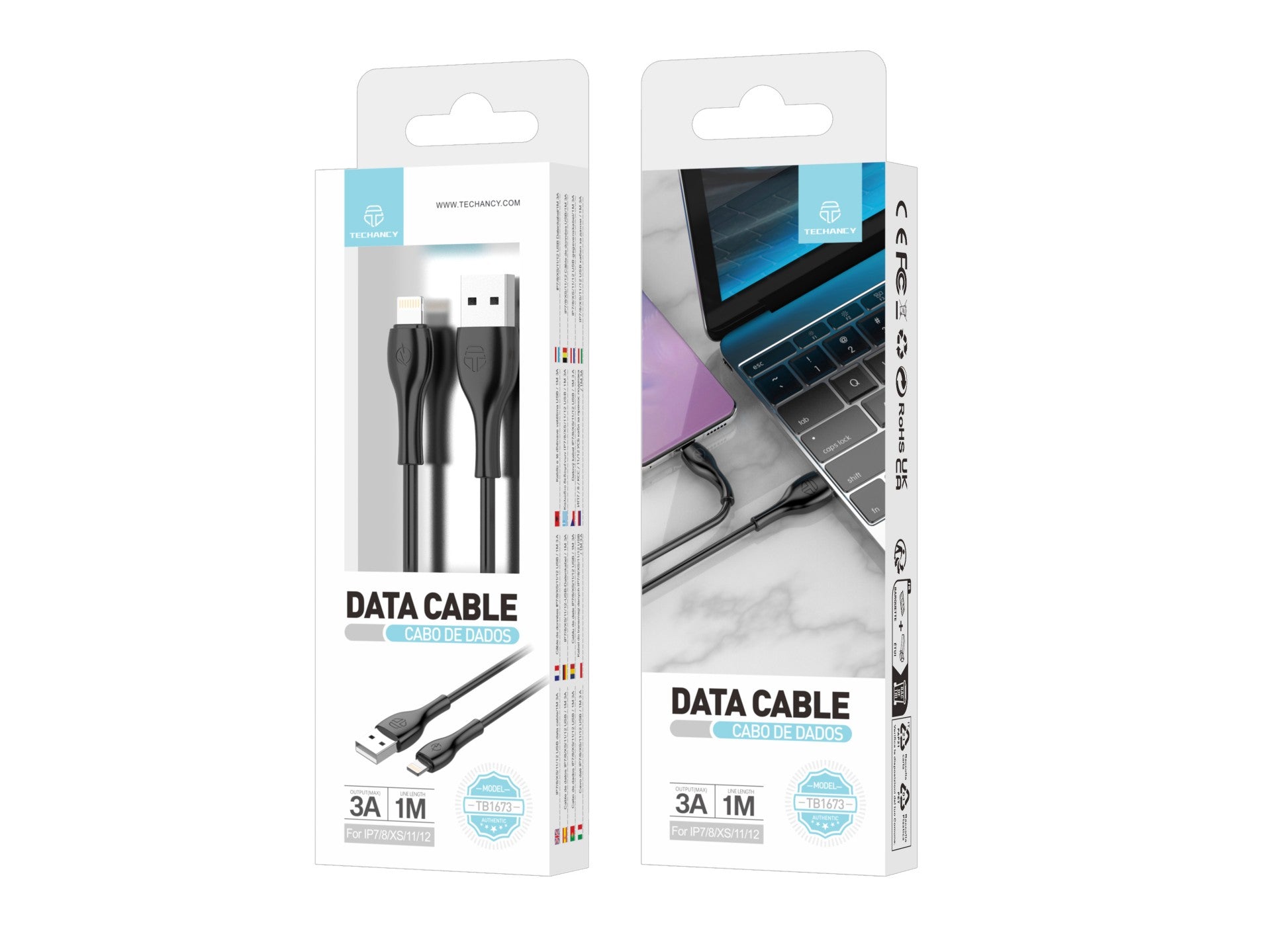 Techancy Cabo De Dados Rápido 3a TB1673, Conetor Usb-Ip8/X/11-14, 1 Metro De Comprimento Para Transferência De Dados, Preto