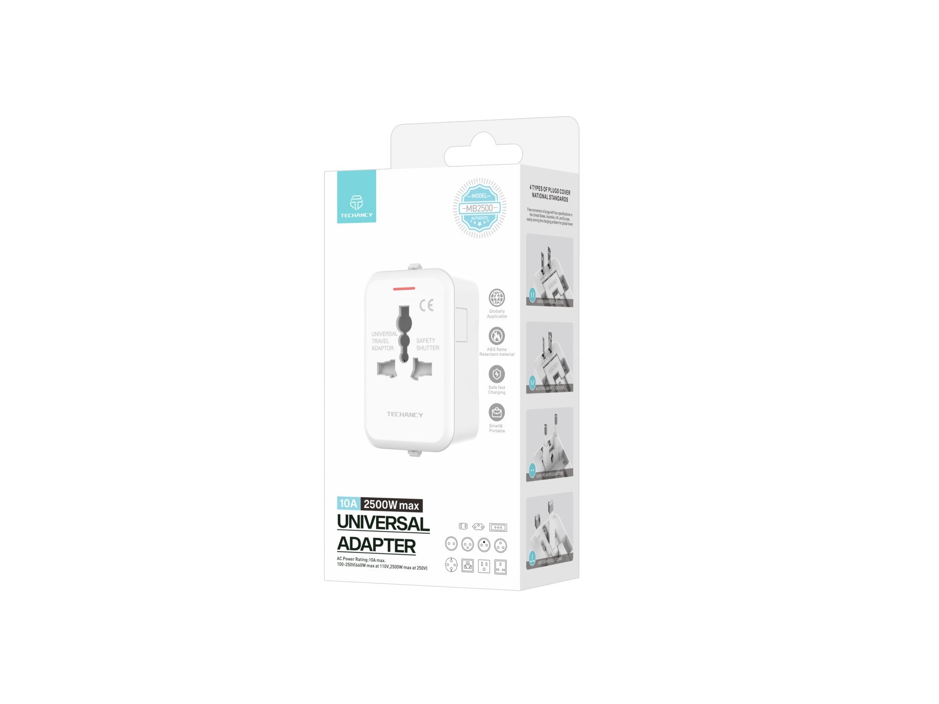 Techancy Universal Travel Adapter White MB2500, 2500W (Max.) Cross-Border Travel Plug Conversion Function