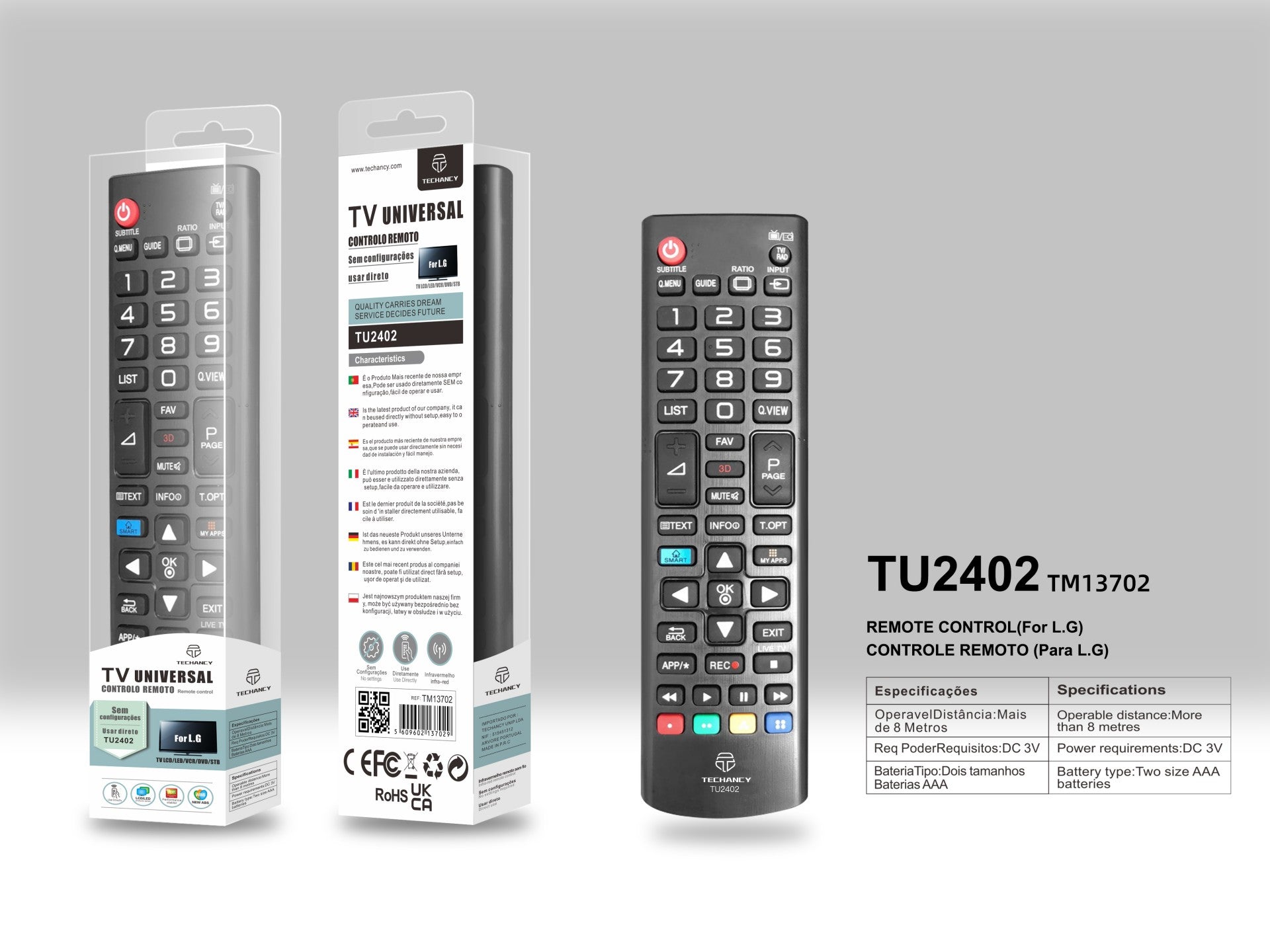 Control remoto para TV Techancy TU2402, alcance inalámbrico de 8 m, compatible con televisores LG, conexión autoadaptativa