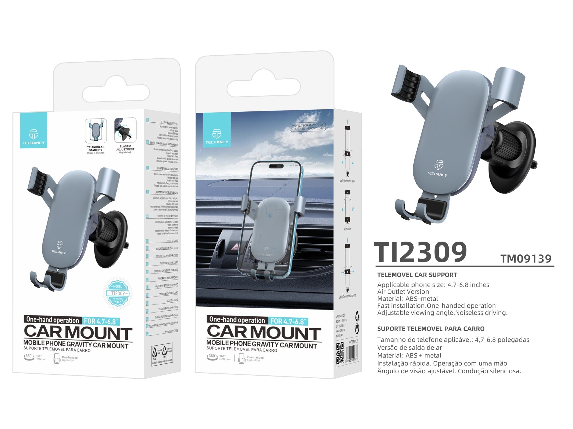 Techancy Suporte Para Telemóvel Para Automóvel Ti2309 , Telemóveis 4,7-6,8, Material Abs+Metal, Ângulo De Visão Ajustável,