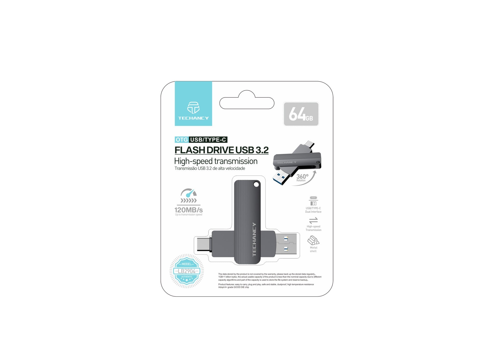 Techancy Unidade Flash Usb3.2 De Alta Velocidade LB2904, 64 GB, Conetor 2 Em 1 Tipo C E Usb-A, Compatível Com Pc/Móvel/Mac