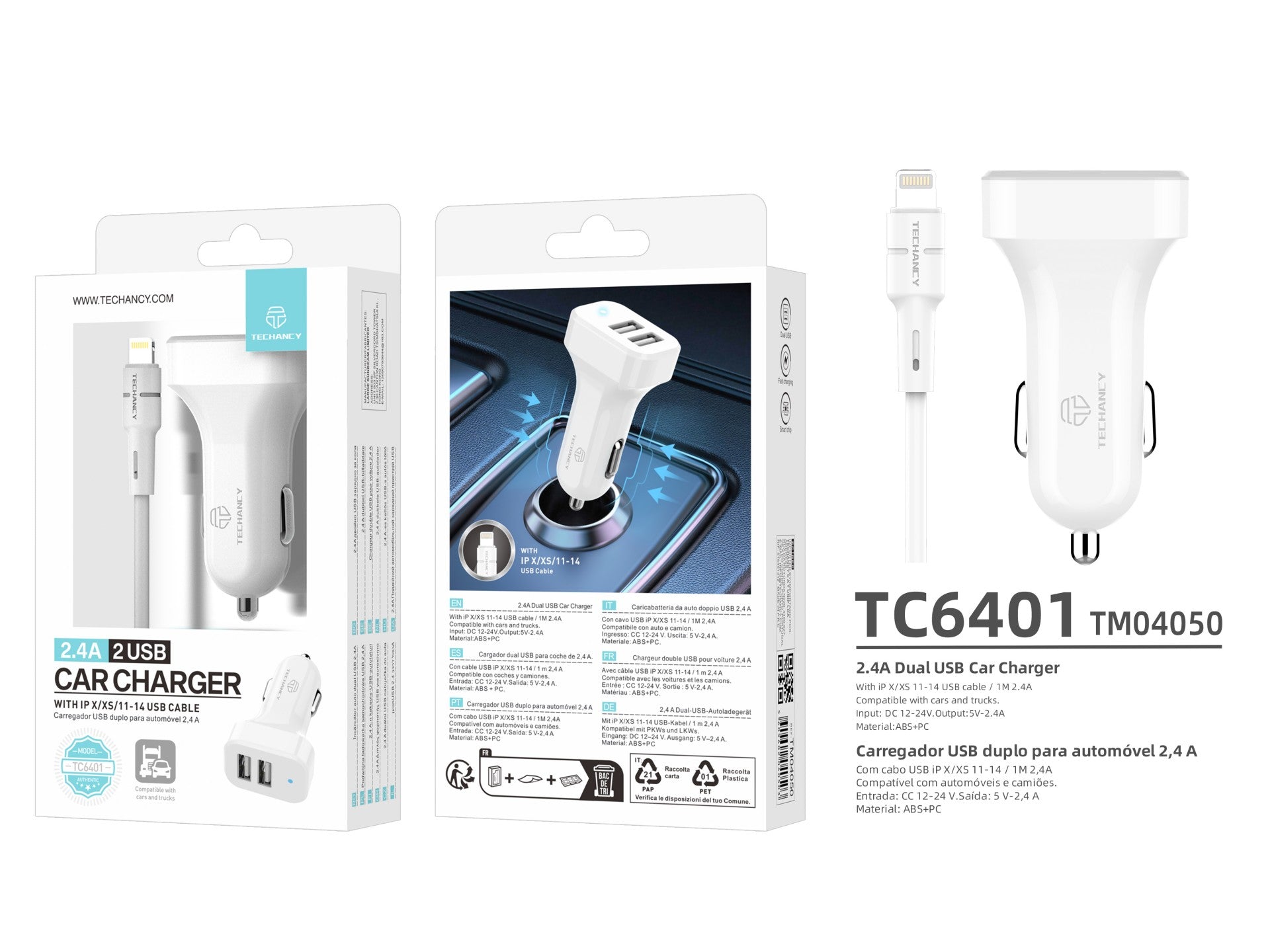 Techancy TC6401 Dual USB 2.4A Car Charger with Lightning Cable - White