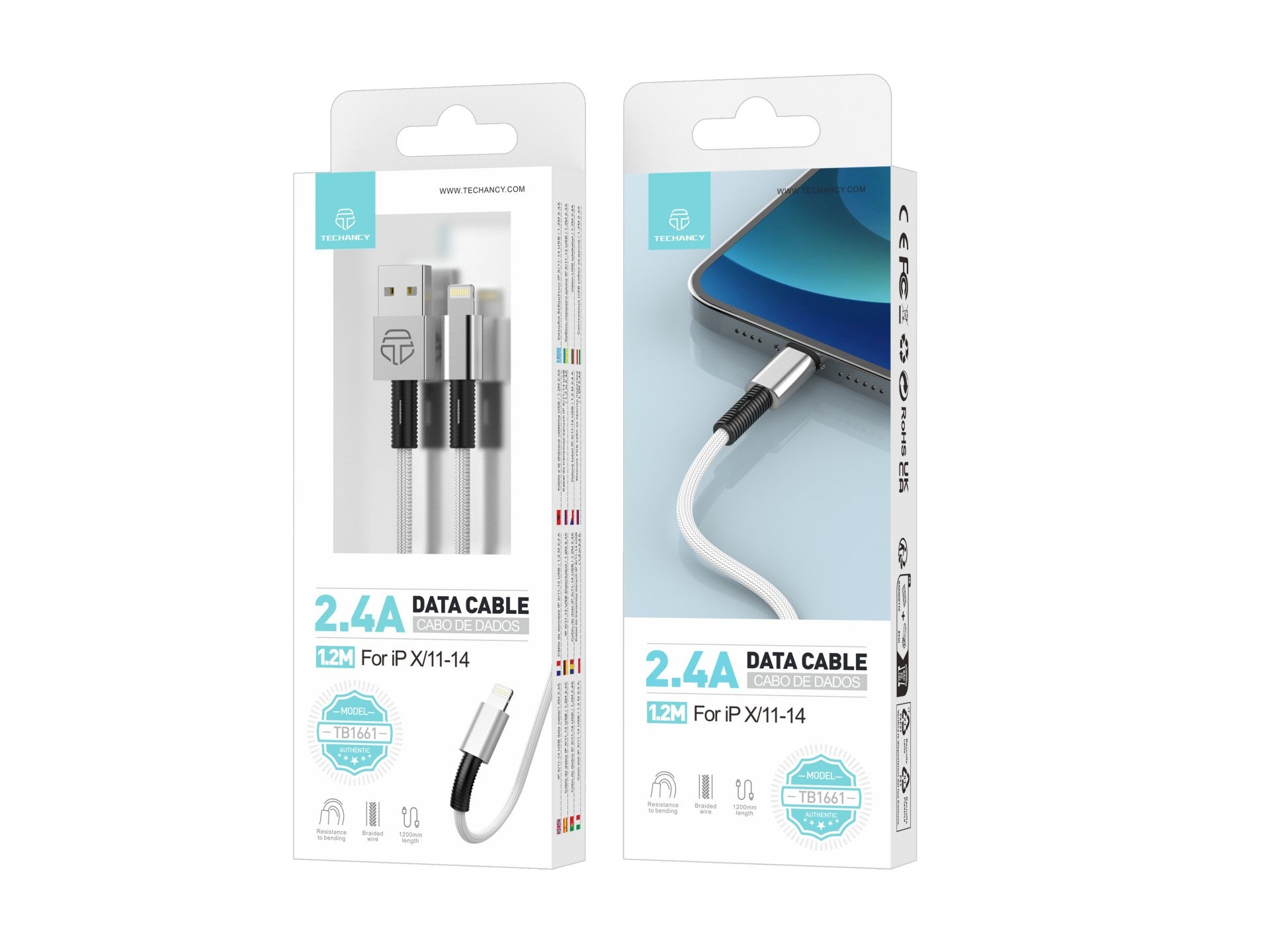 Techancy Cabo De Dados Usb-Lightning Branco TB1717, Carregamento Rápido De 2,4 A, Liga De Alumínio + Entrançado 1,2 M