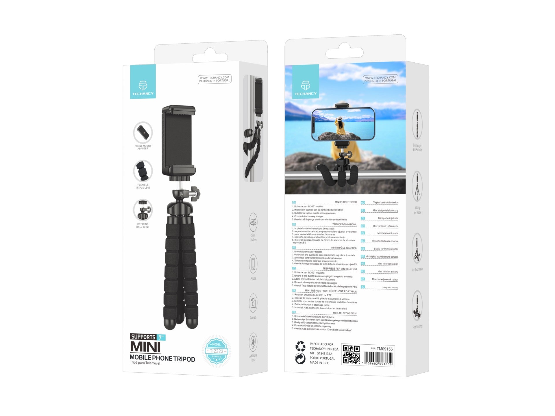 Techancy Mini Tripé Preto Ti2323 Com Pernas Dobráveis, Incl. Cabeça Esférica, Rotação De 360° Para Câmaras E Telemóveis