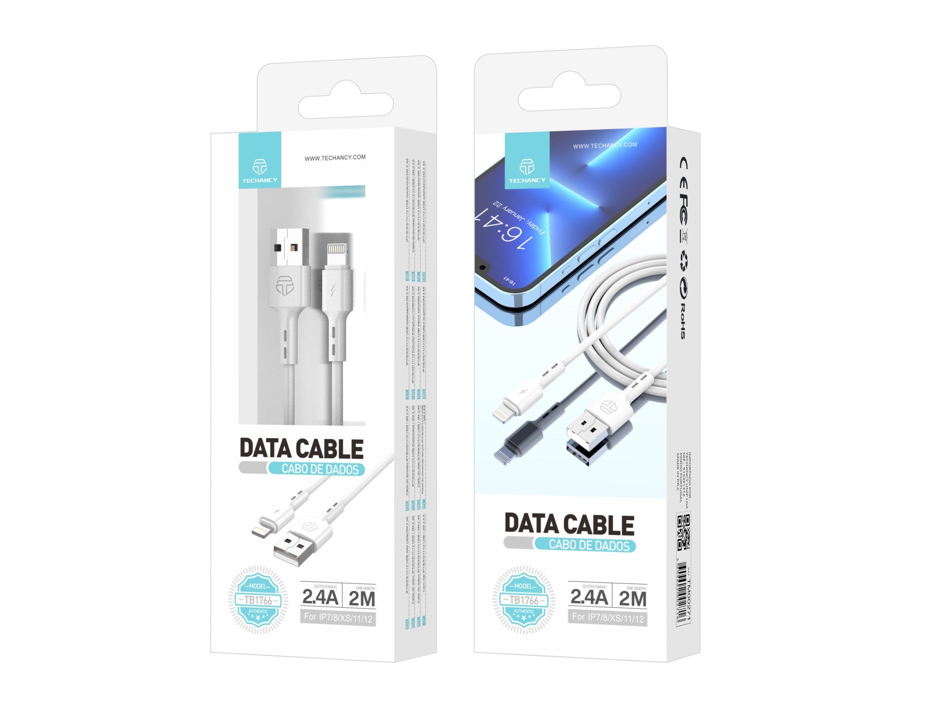 Techancy Cabo De Dados De 2m TB1766, 2,4a Para Carregamento Do Ip8/X/11-14 Utilização A Longa Distância Mais Cómoda.