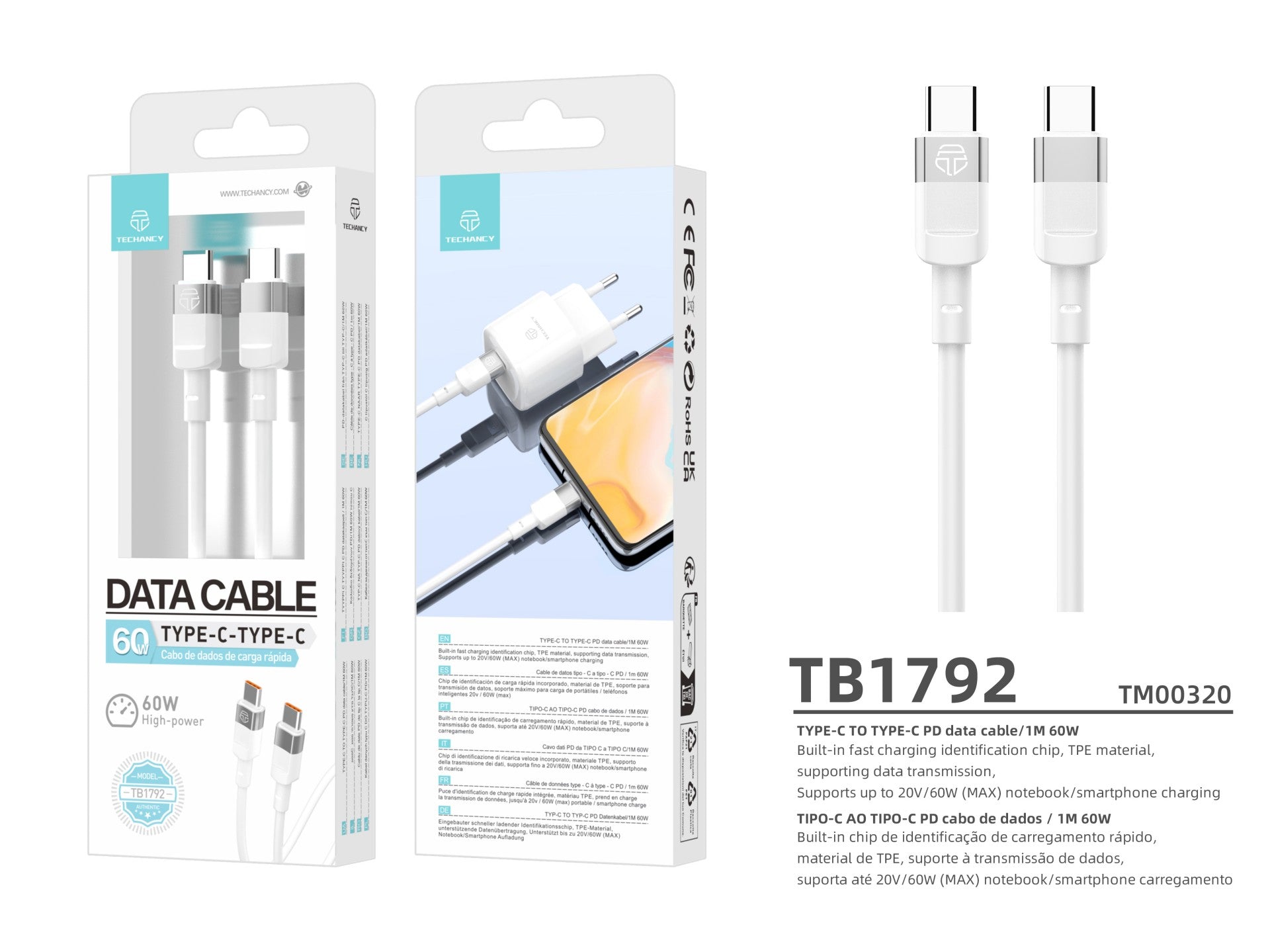 Cable de datos Techancy PD 60W Blanco 1m TB1792, USB C-USB C Admite carga rápida y transferencia de datos,
