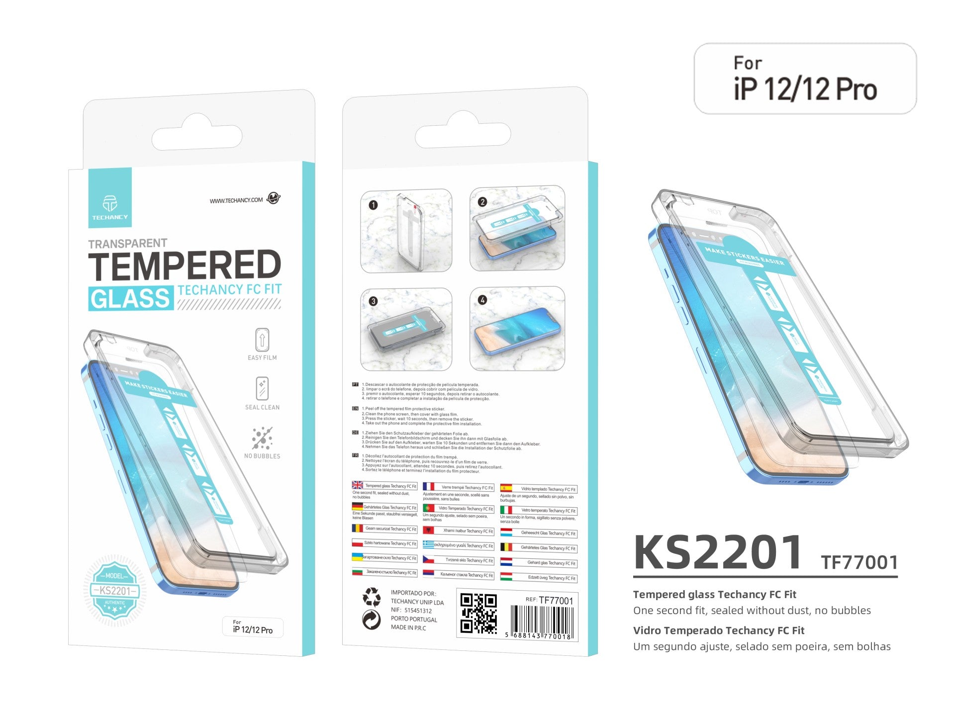 Techancy Tempered Glass Screen Protector, Dustproof Case with Quick Installation, Bubble Free, KS2201, Compatible with iPhone 12/12 Pro, Clear Color