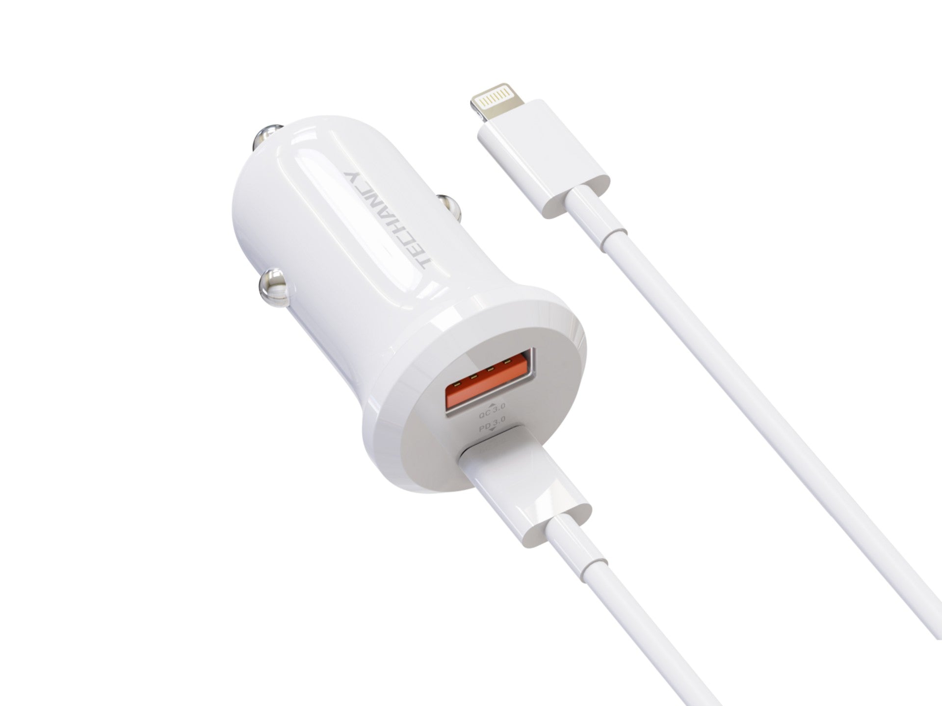 Techancy Carregador de Carro TC6428 30W USB-A+USB-C com cabo 1m USB-C para Lightning PD3.0 QC3.0 12-24V