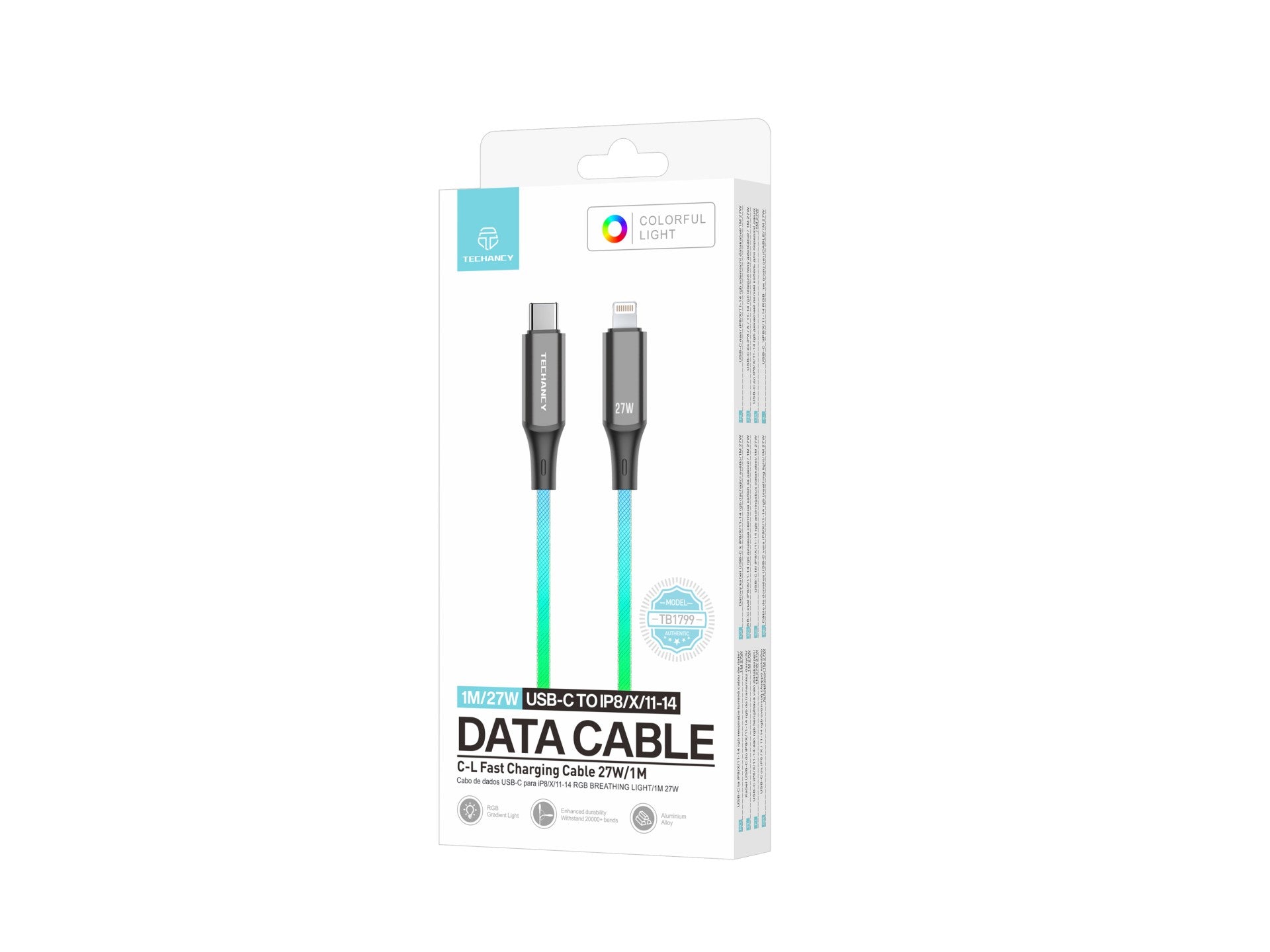 Techancy Cabo De Dados De 1m TB1799, Usb-C Para Ip11-14, Efeitos De Iluminação Rgb, Carregamento Rápido De 27w.