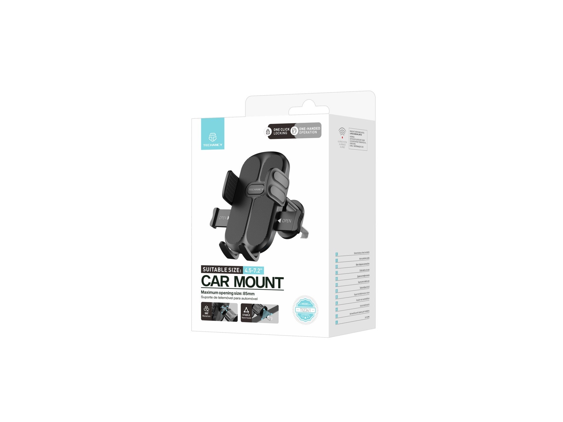 Techancy suporte de telemovel para carro TI2341 Operacao com uma mao Compativel com 4.5-7.2 pol Preto