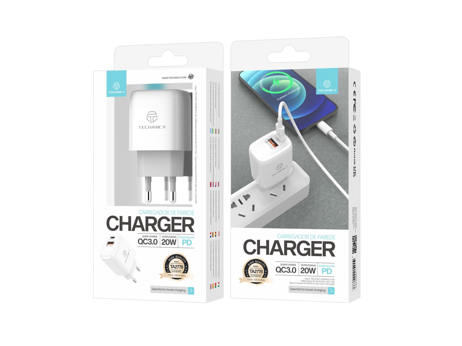 Techancy White 20W Charger TA2801, Supports PD and QC3.0, PD Fast Charging, Compatible with Mobile Phones and Tablets
