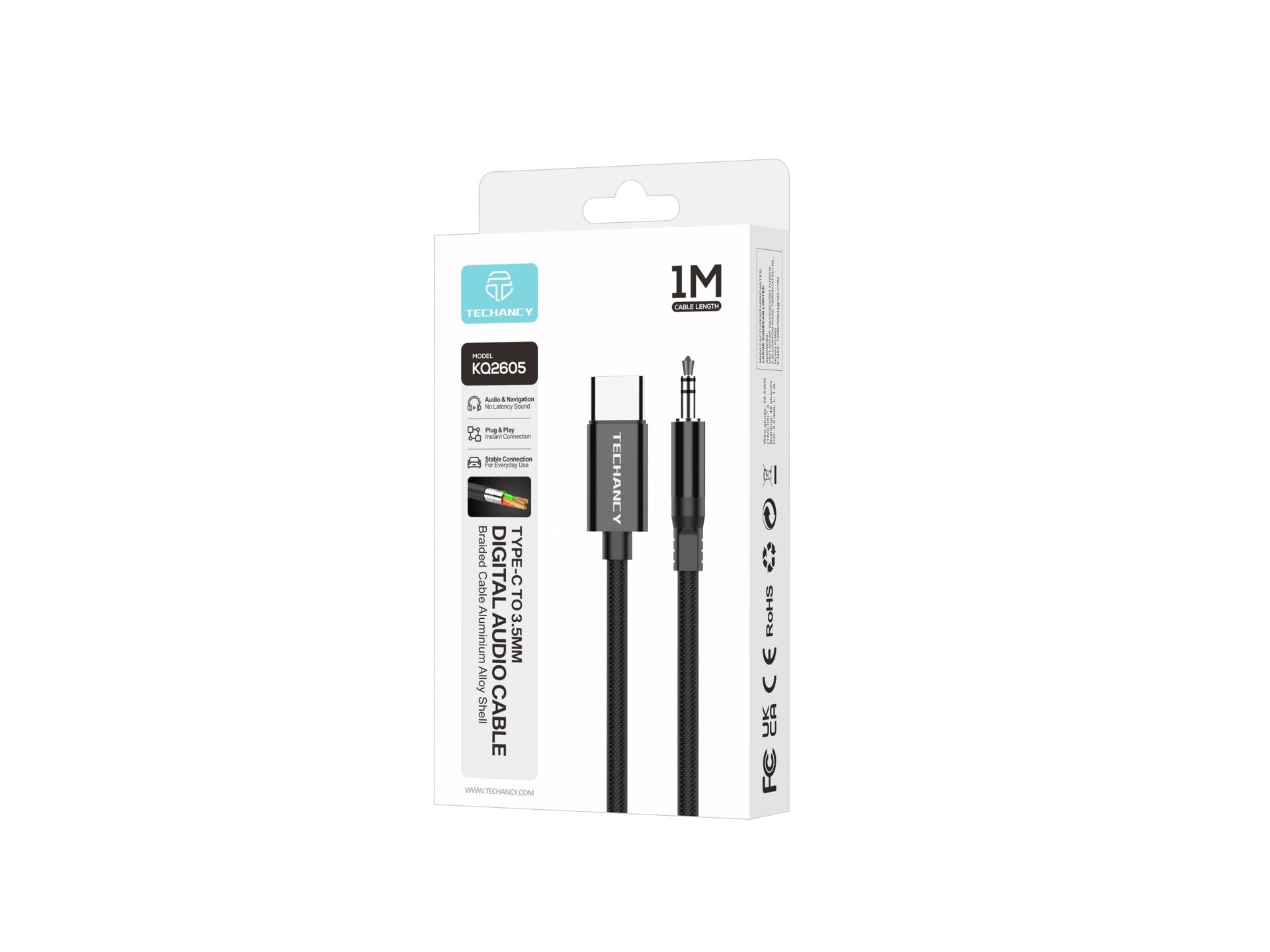 Techancy Cabo Audio Digital KQ2605 Type-C para 3.5mm, 1M, Trancado, Compativel com Telemovel, Carro e Auscultadores, Preto