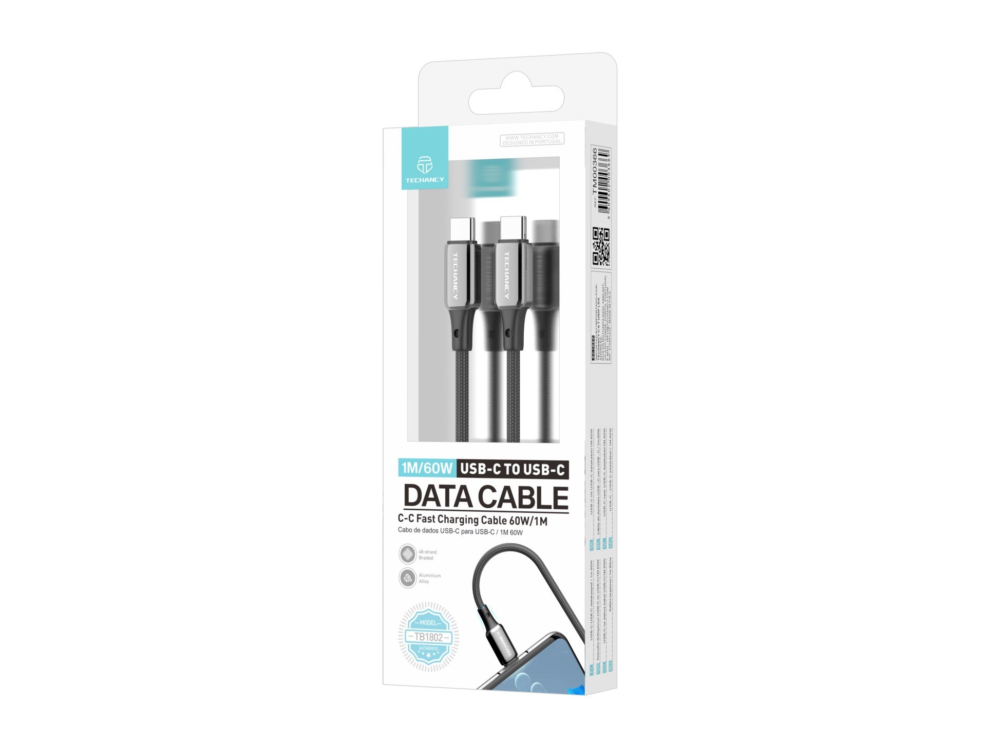 Cable USB-C a USB-C Techancy TB1802, 60 W, 1 m, negro, conector de aluminio, diseño antideslizante, transferencia rápida, resistente