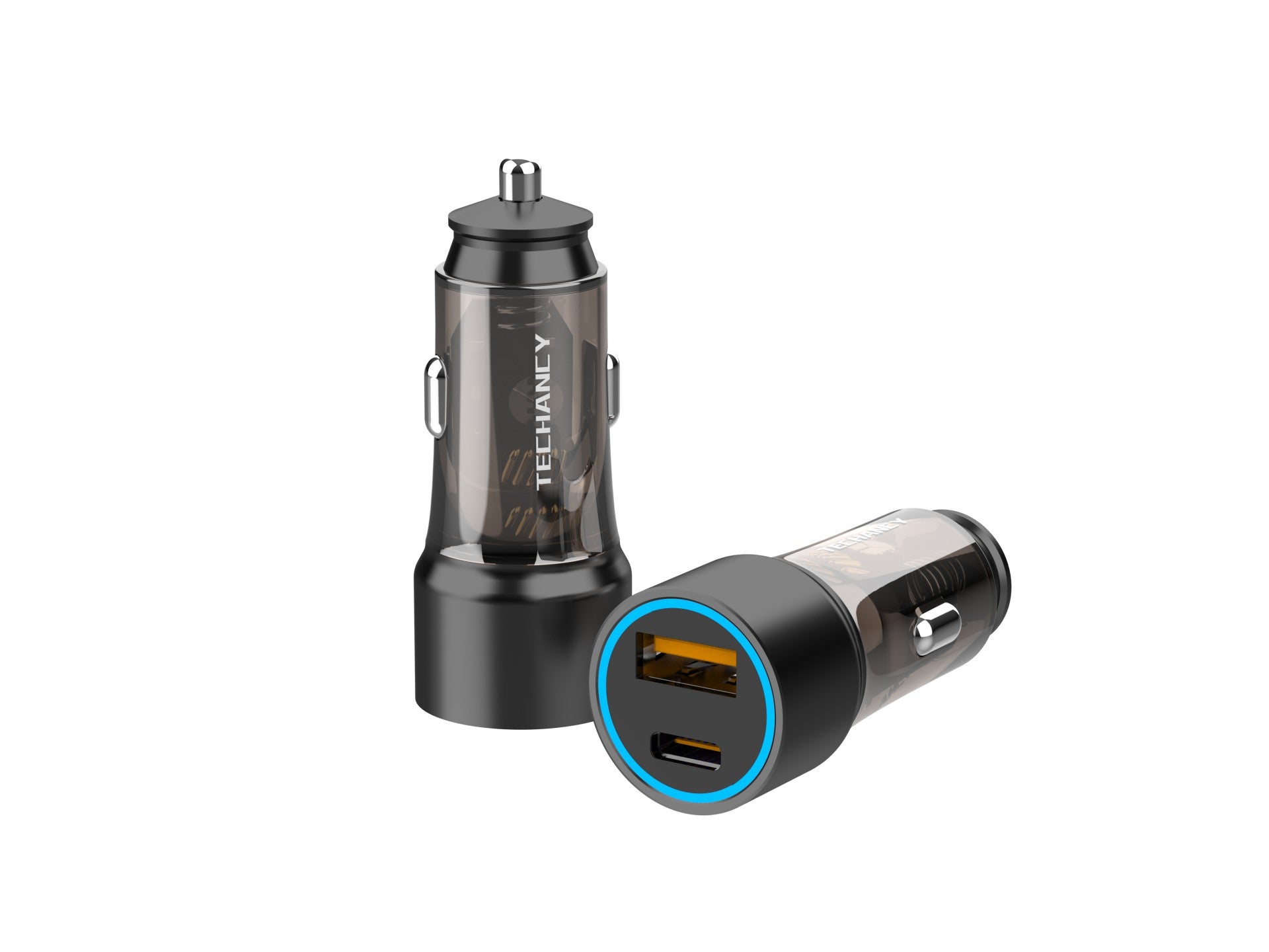 Cargador de coche Techancy TC6432 de 51 W con dos puertos USB-A y USB-C para cargar varios dispositivos. Transparente.