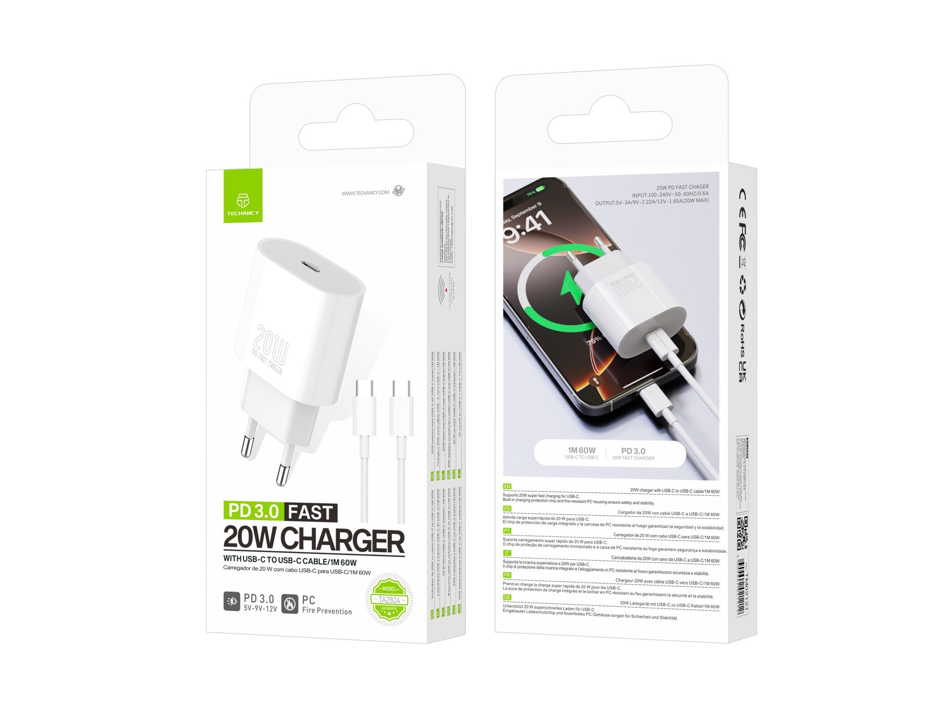 Techancy TA2824 PD3.0 20W Charger with USB-C to USB-C Cable Compatible with Tablets Laptops Android Phones