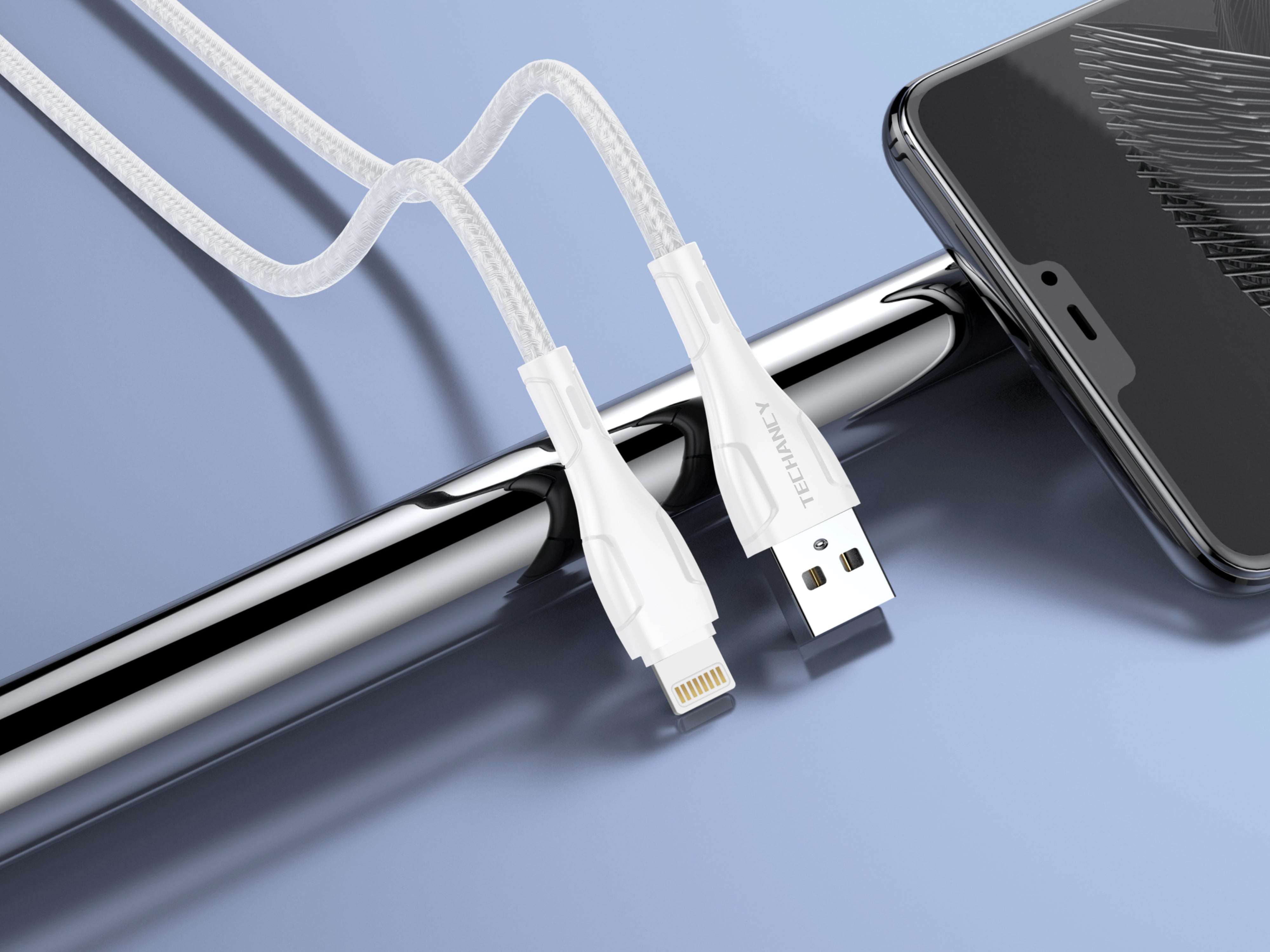 Techancy Cabo De Dados Trançado Usb-Ip8/X/11-14 Branco TB1694, Carregamento De 2,4 A, Transferência De Dados Compatível