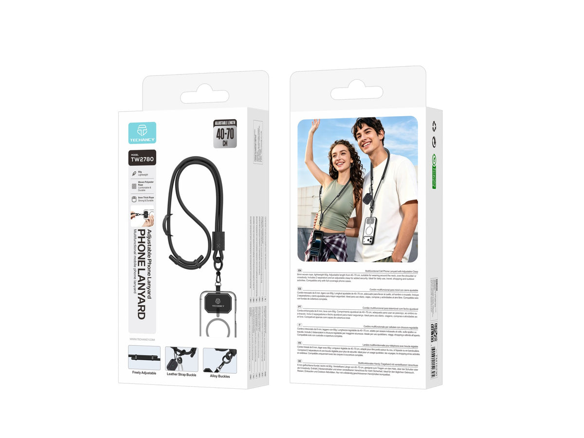 TECHANCY TW2780 Mobile Phone Lanyard, Adjustable 40-70 cm, 8 mm Braided Cord, Neck and Shoulder Strap, Black