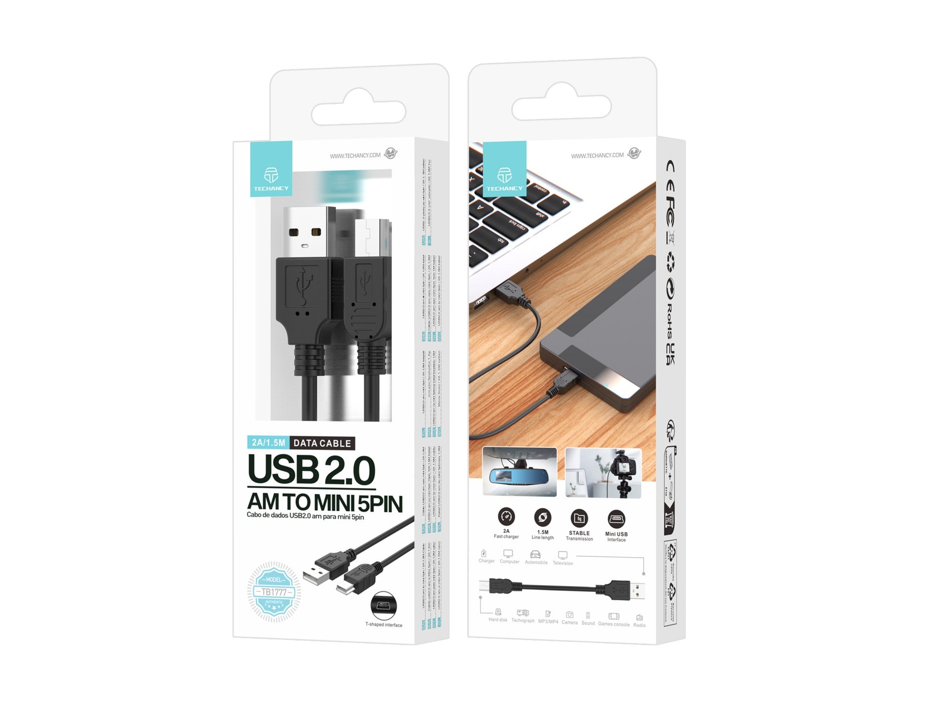 Techancy Cabo De Dados Usb Am Para Mini 5pin 1.5m Preto TB1777, Compatível Com Disco Rígido, Gravador De Automóvel, Utilização De Câmara