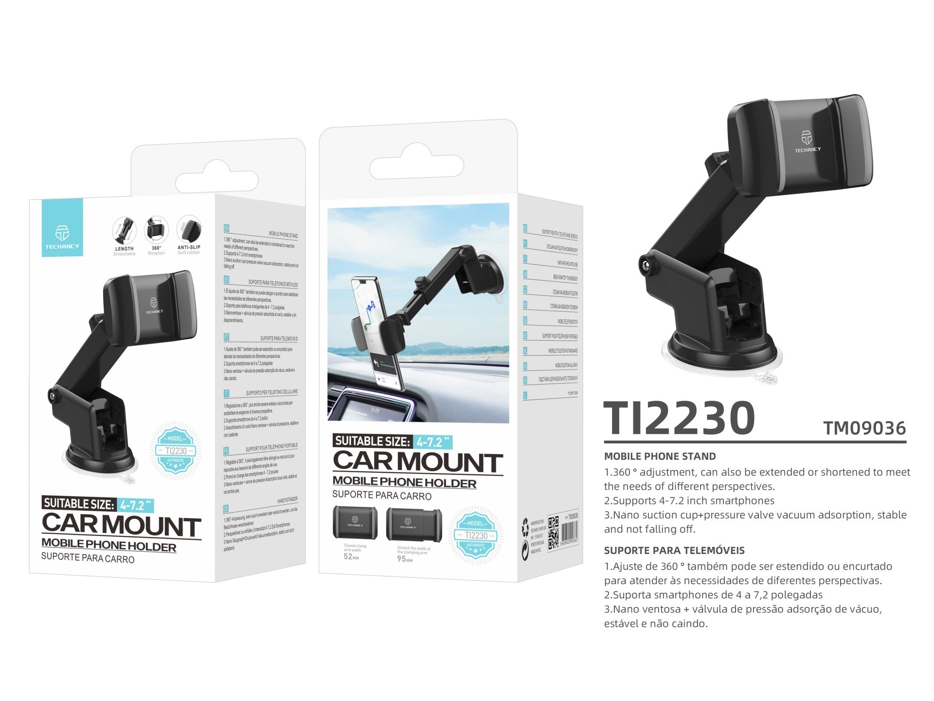 Techancy Suporte Para Telemóvel Para Automóvel Preto+Cinzento Ti2230 , Suporte Retrátil, Ventosa Antiderrapante, 4-7,2 Polegadas
