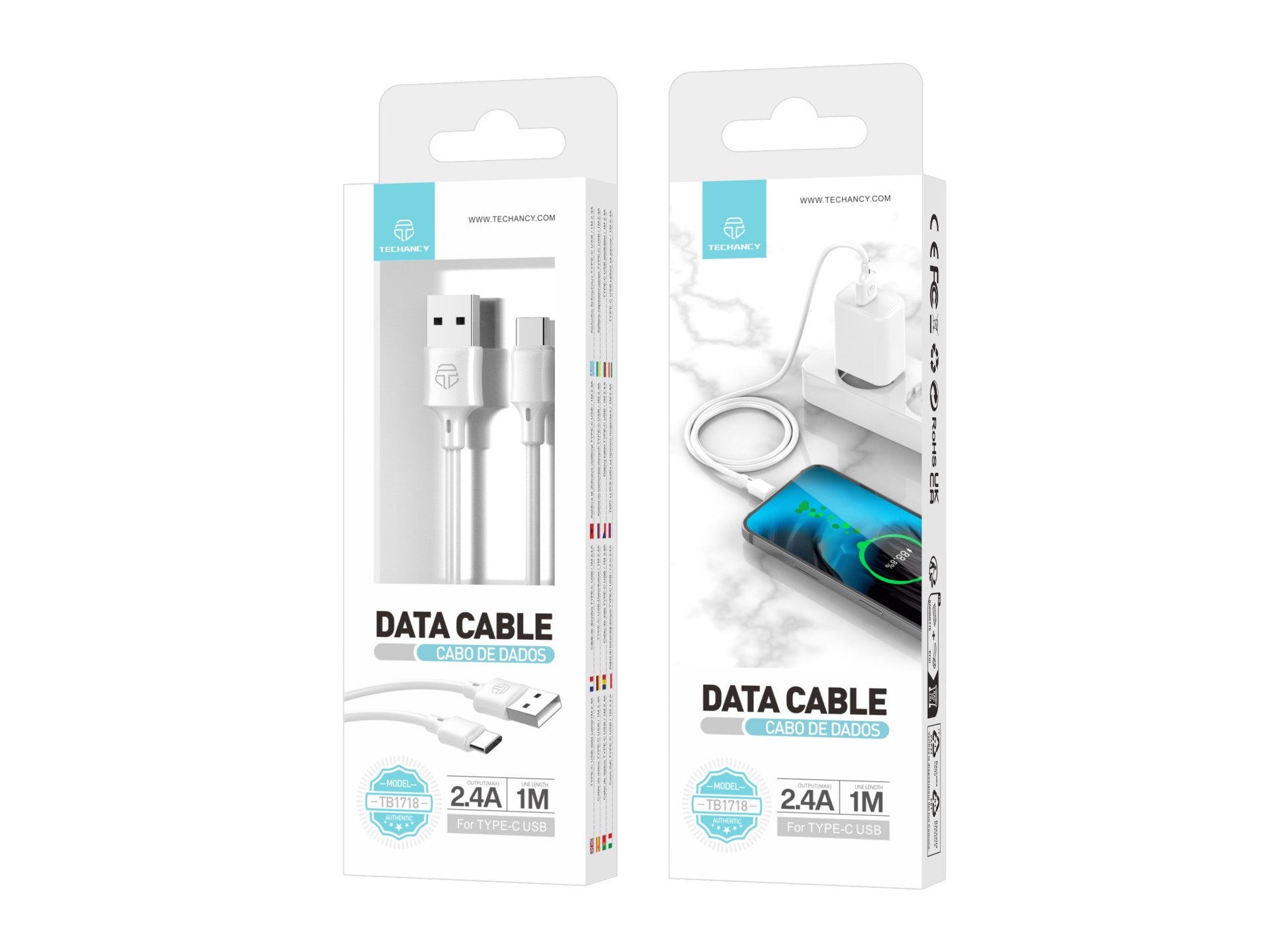 Techancy Cabo De Dados Usb-Tipo C 1M Branco TB1725, Carregamento De 2,4 A, Compatível Com Telemóveis Tipo C