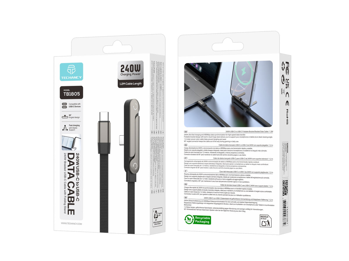 Cabo USB-C para USB-C 240W TECHANCY TB1805, 1,2 m, Suporte Dobravel, Nylon Entrancado, Ficha 90°, Dados 480 Mbps